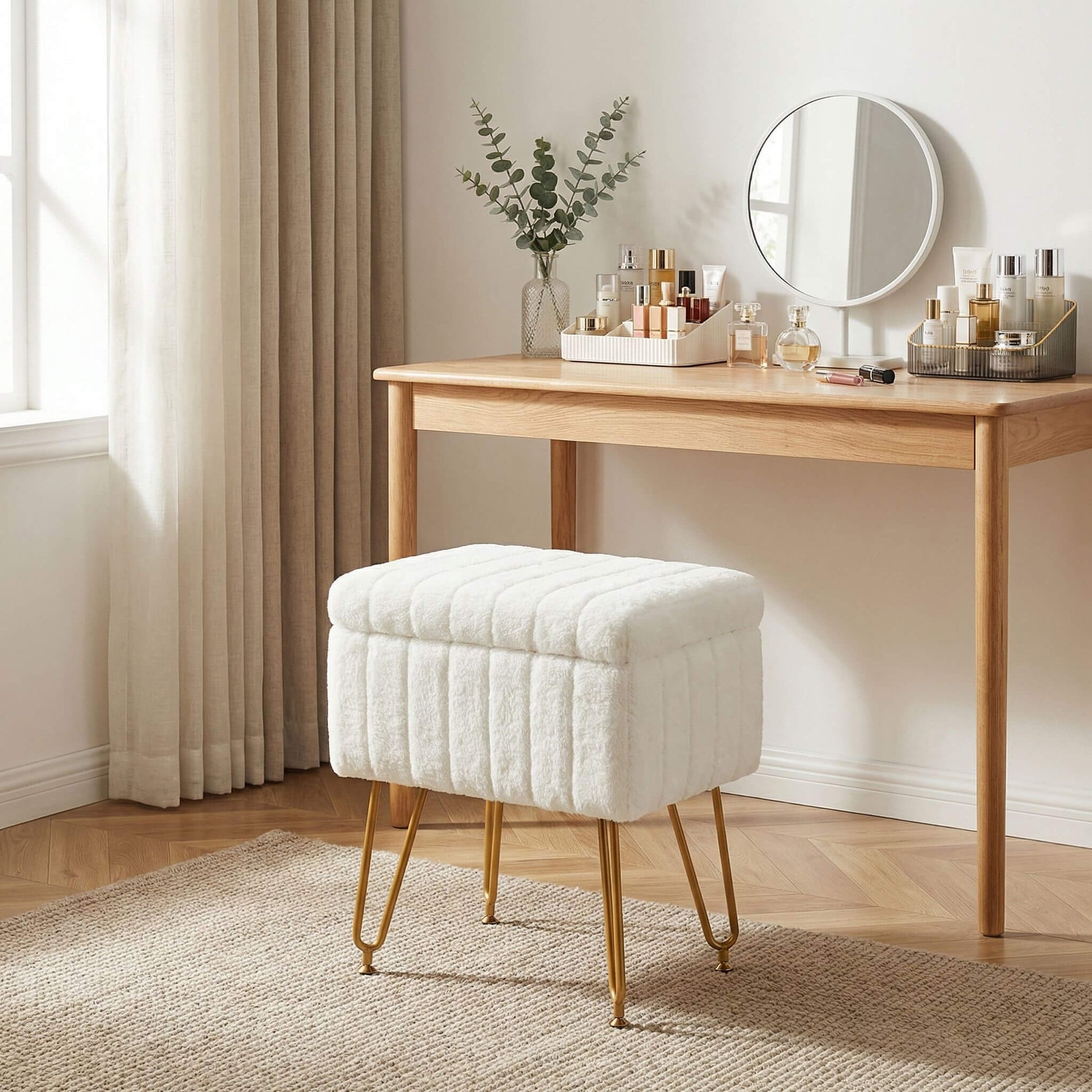 Vanity Stool Chair with Storage and Adjustable Metal Feet