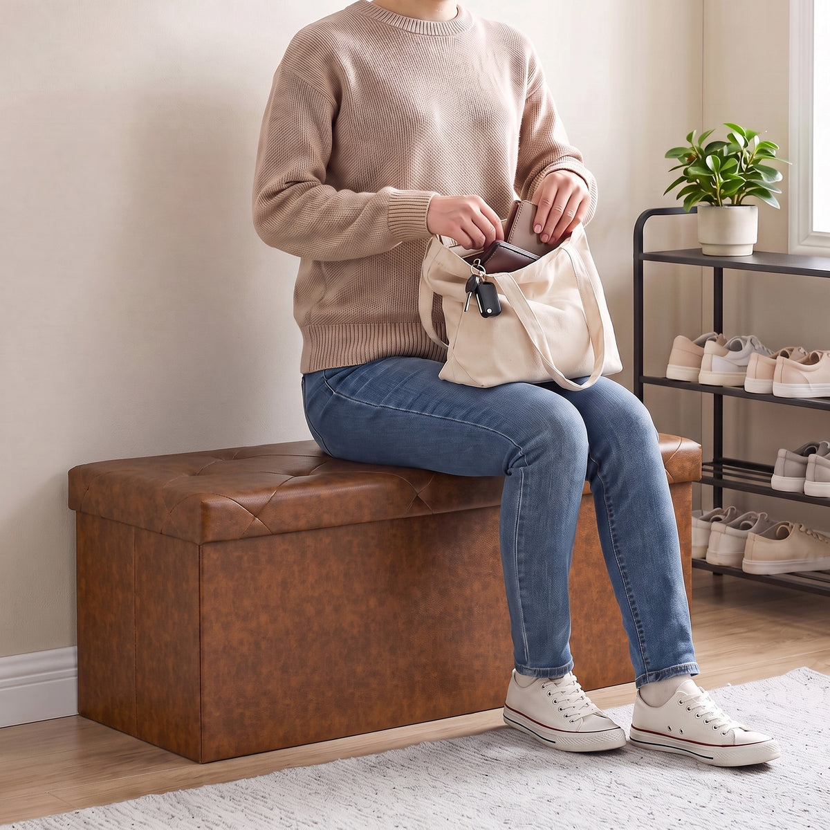 Storage Ottoman Bench, Foldable PVC Leather Chest &amp; Foot Stool with Padded Seat for Bedroom, Supports 660 lbs