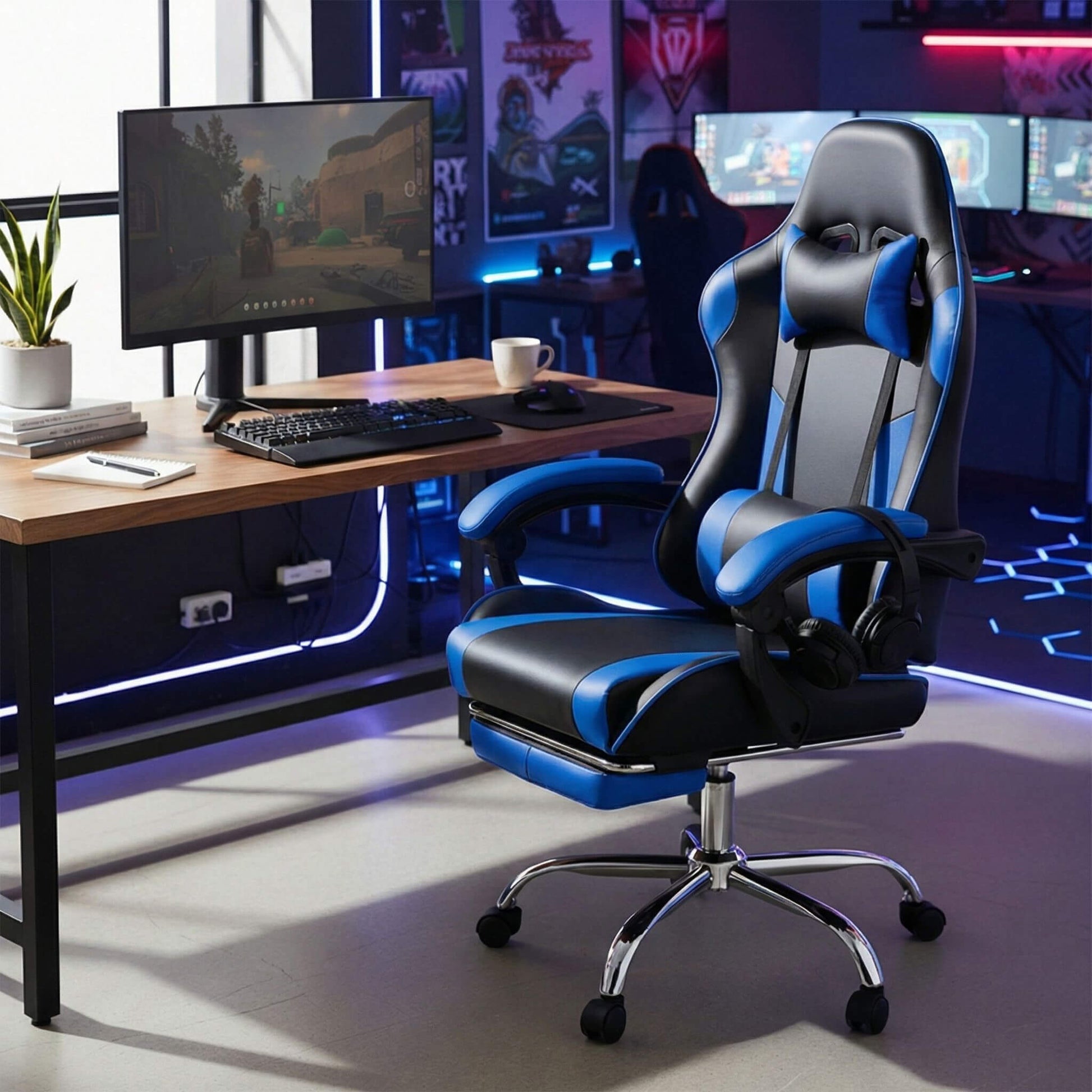 Gaming Chair with Footrest Upholstered Armrests for Home Office