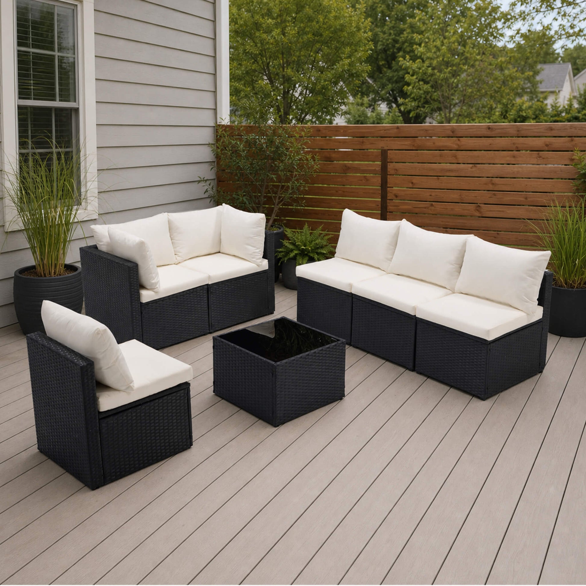 Outdoor Wicker Sectional Sofa Set-6 Sectionals & Glass Table