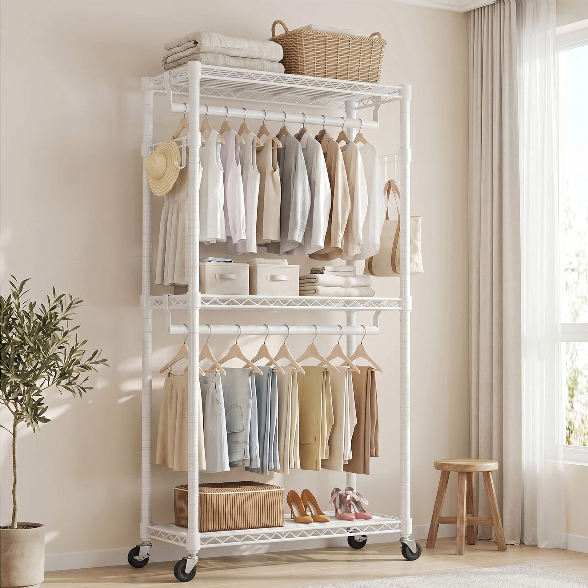 Adjustable metal coat rack with shelves and hooks