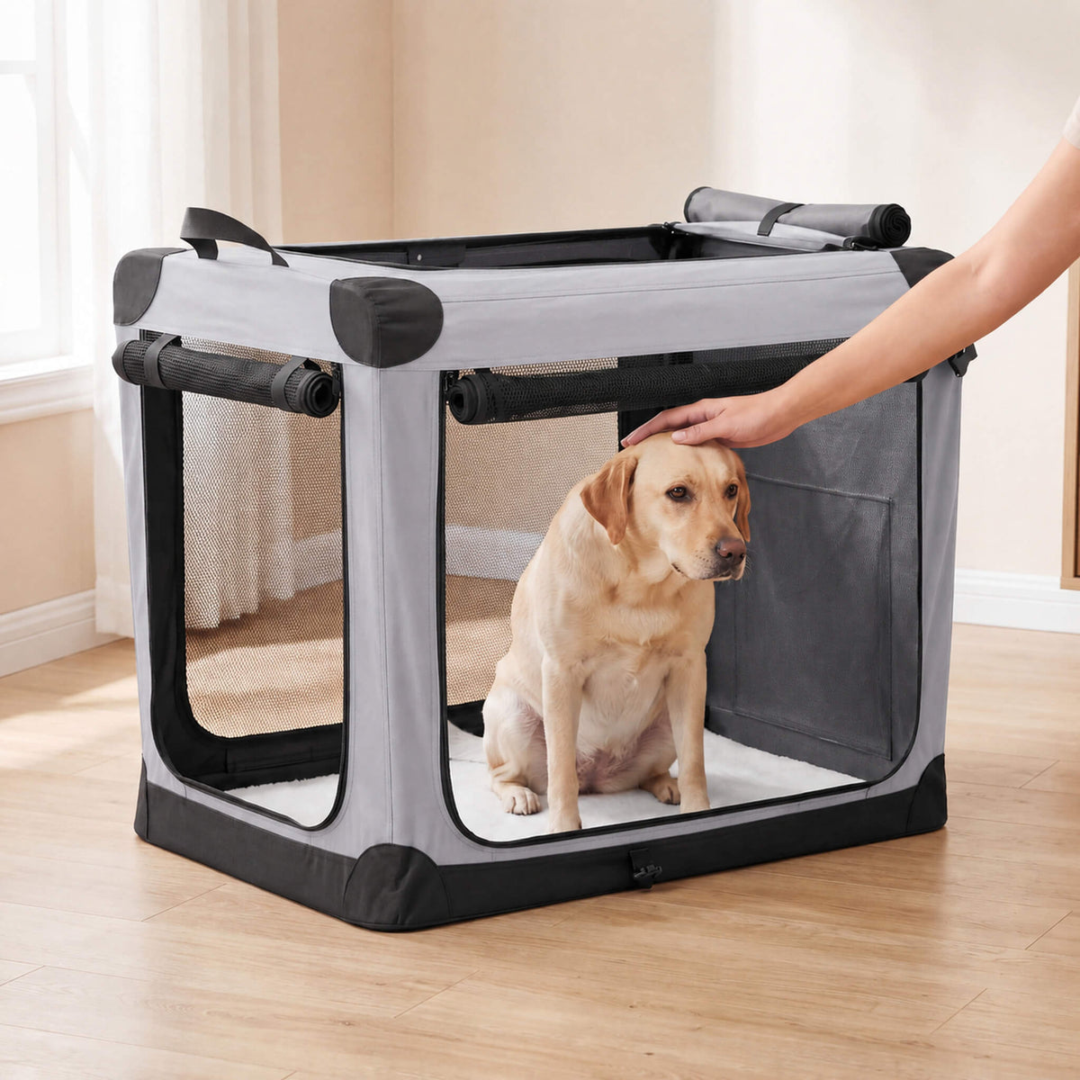 Foldable soft-sided dog crate made of 600D Oxford fabric,