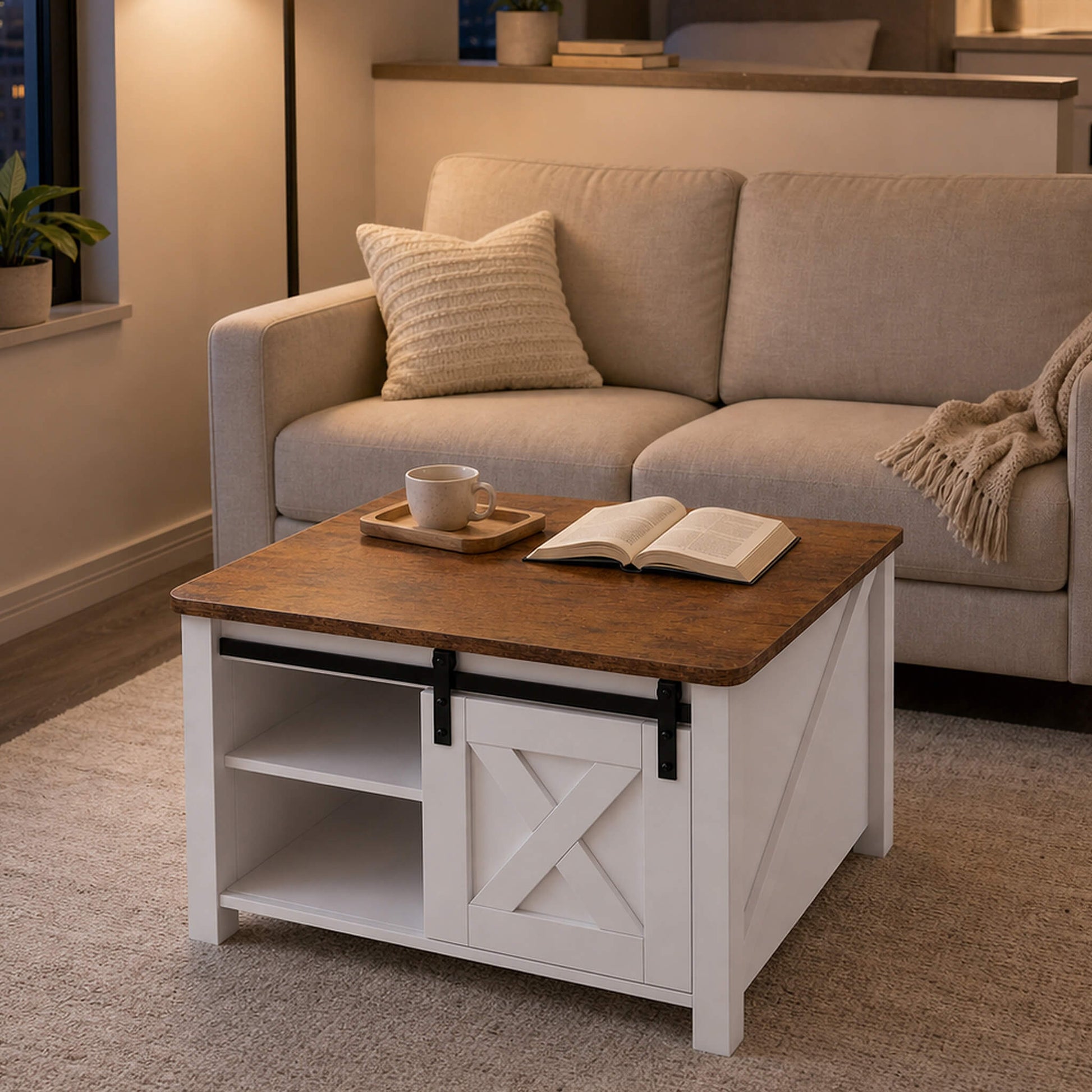 Square Coffee Table with Lift-Top Storage and Sliding Barn Doors
