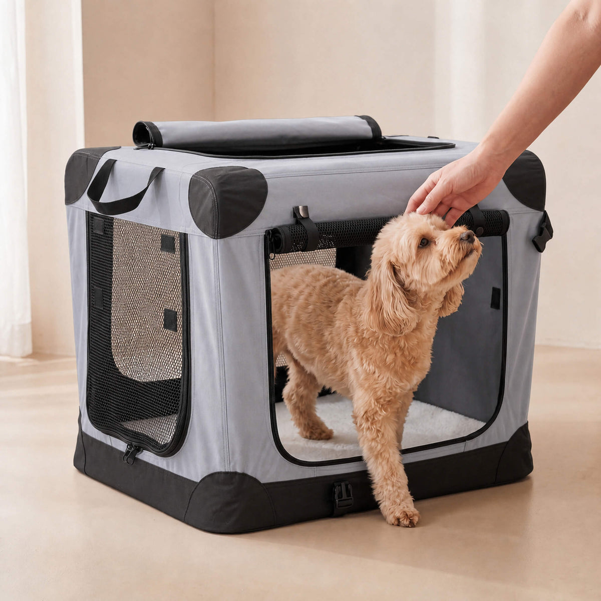Foldable soft-sided dog crate made of 600D Oxford fabric,