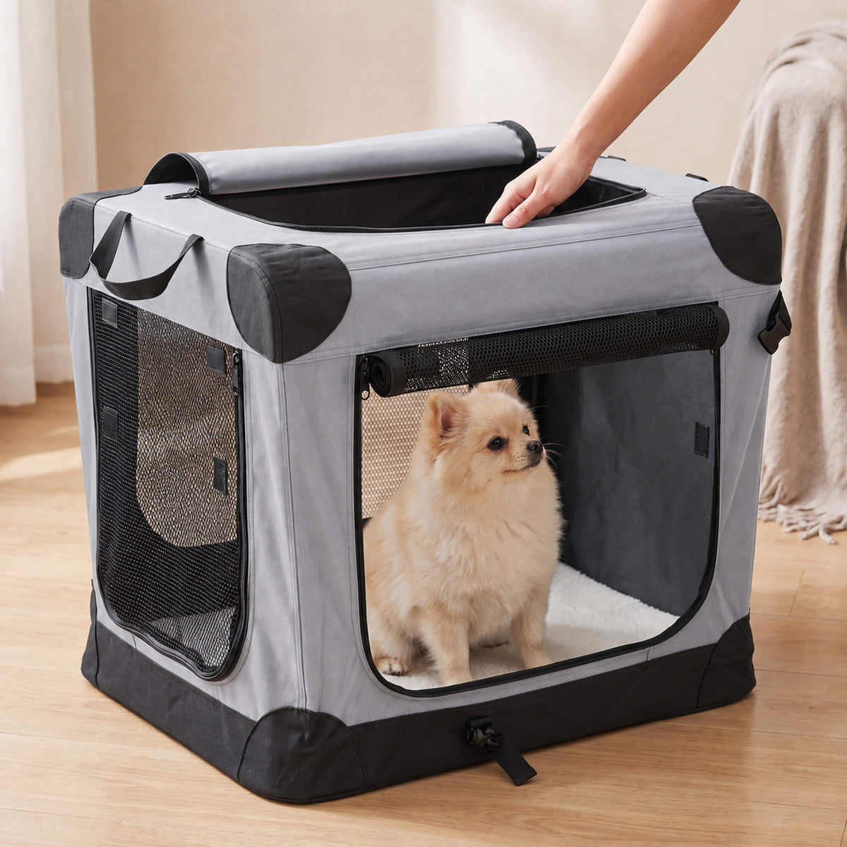 Foldable soft-sided dog crate made of 600D Oxford fabric,