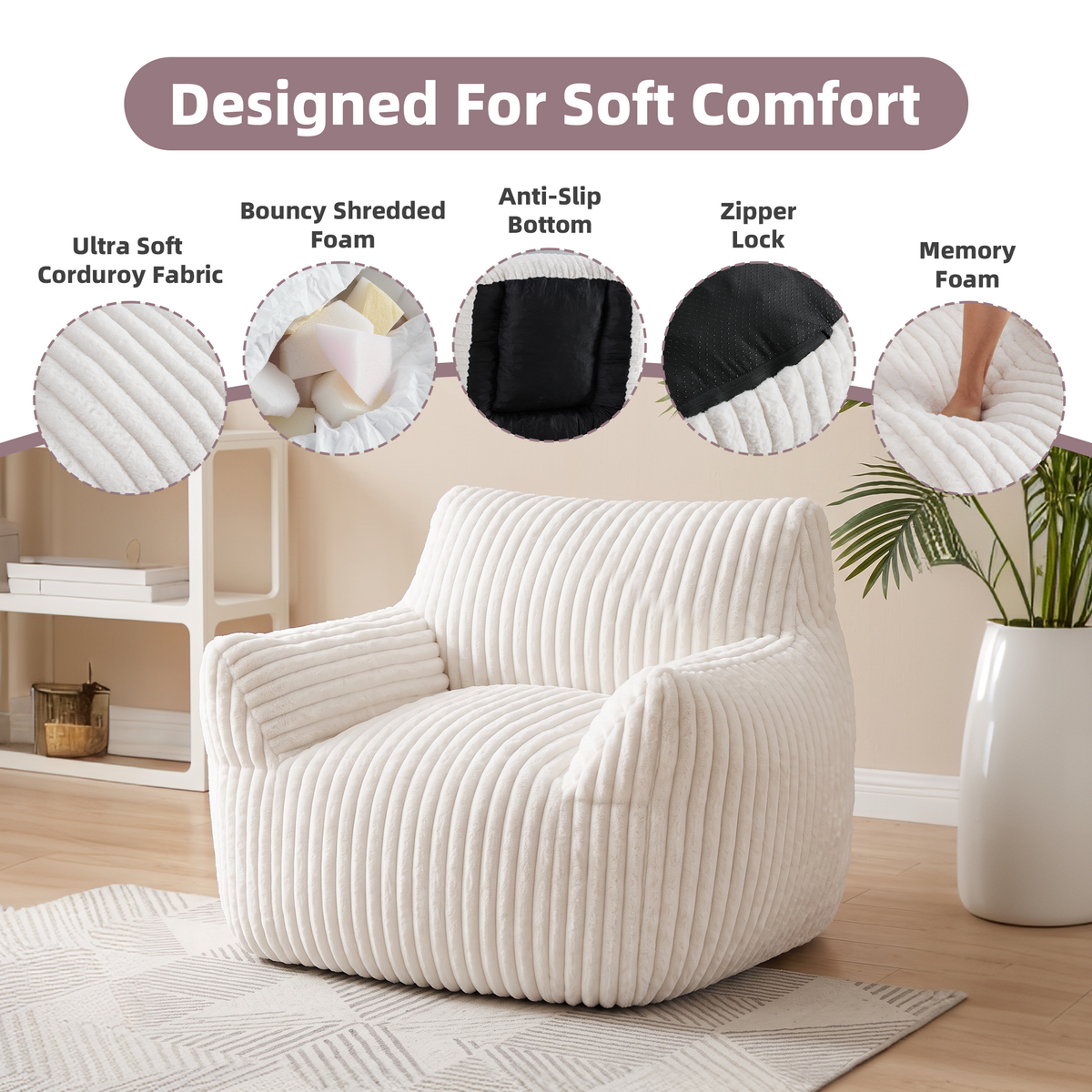 Foam Bean Bag Chair, High-Rebound Sponge Soft Lounge Chair for Bedroom & Living Room
