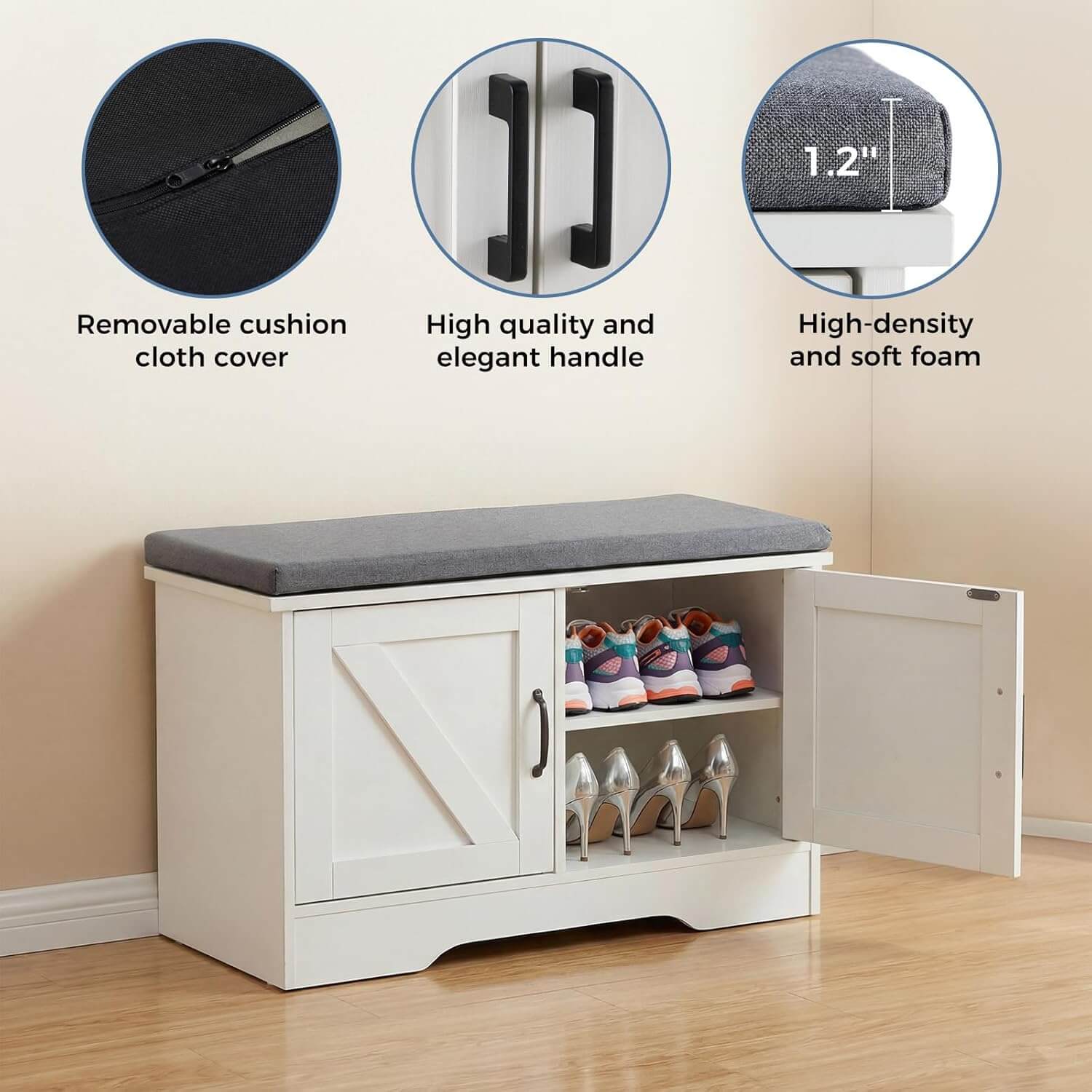 Tier Storage Bench Wide Shoe Bench with Padded Seat Cushion