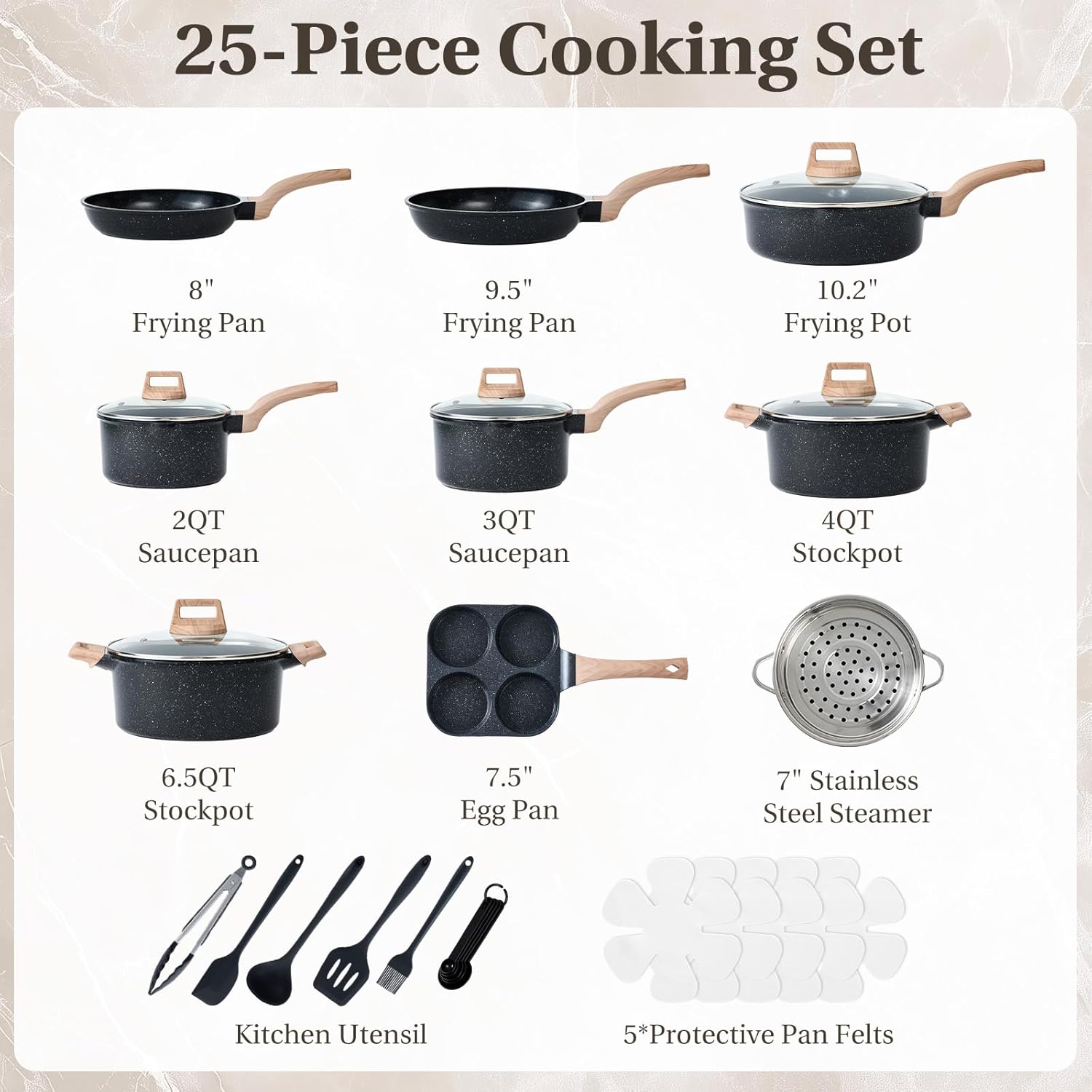25-Piece Nonstick Pots and Pans Set - Induction Compatible Kitchen Cookware Set with Stay-Cool Handles