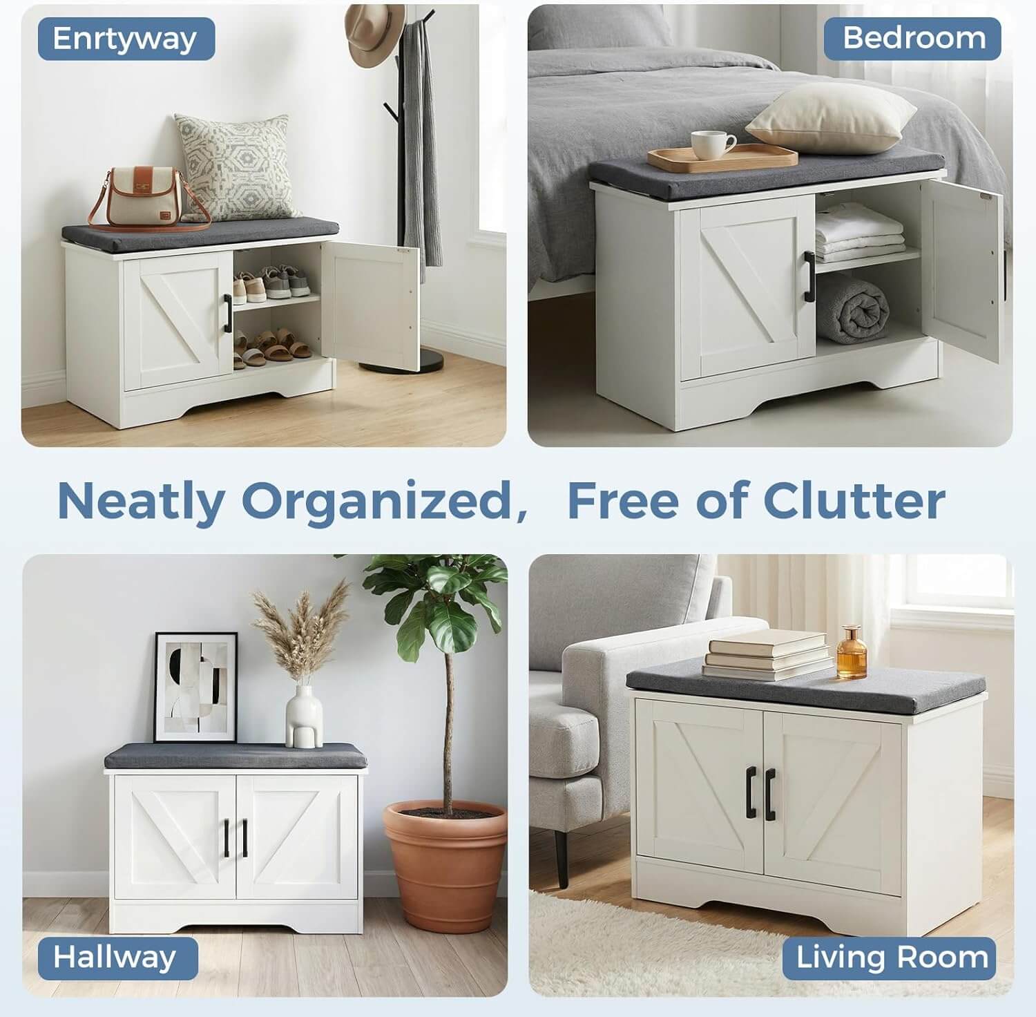 Tier Storage Bench Wide Shoe Bench with Padded Seat Cushion