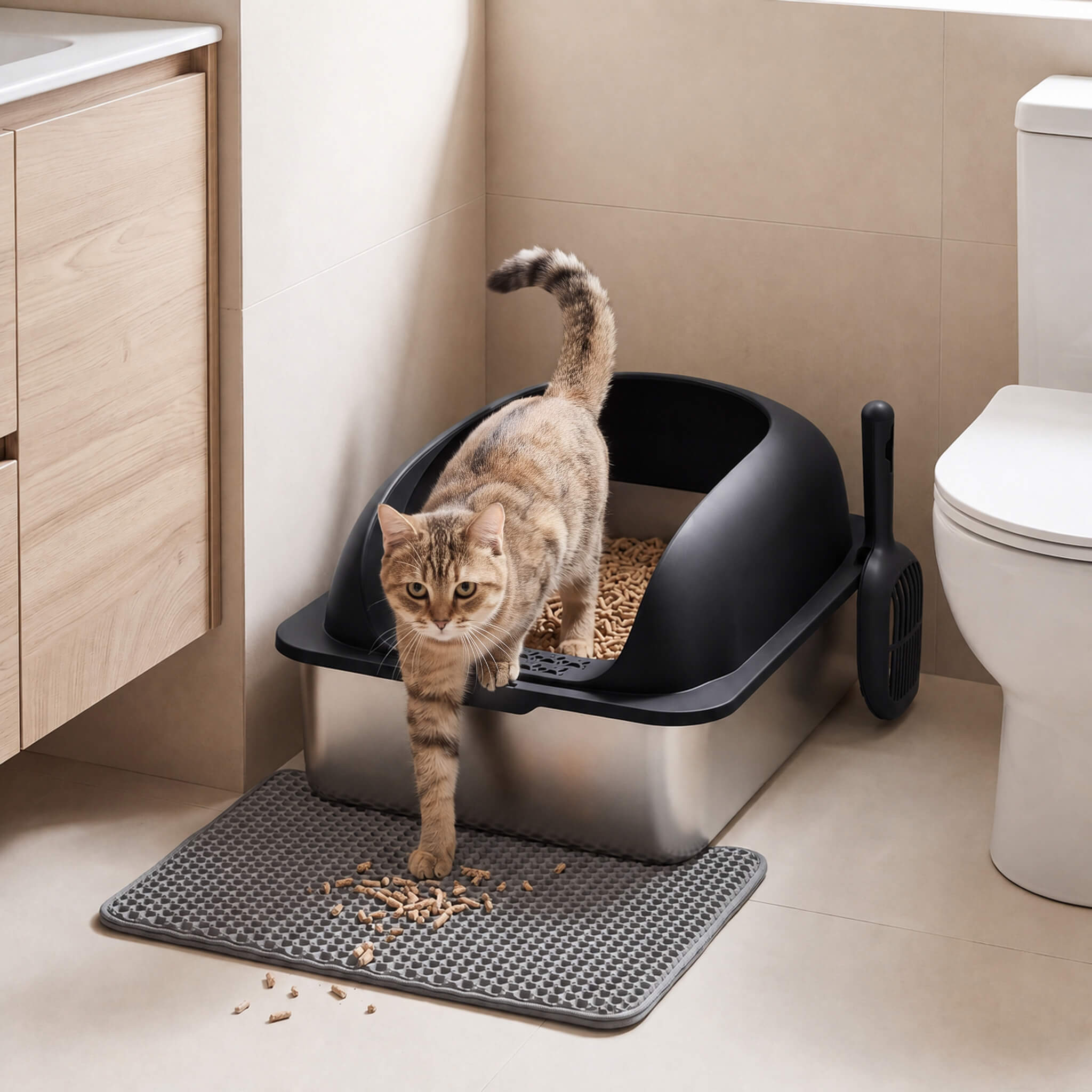 Stainless Steel Cat Litter Box with Scoop & Double-Layer Mat
