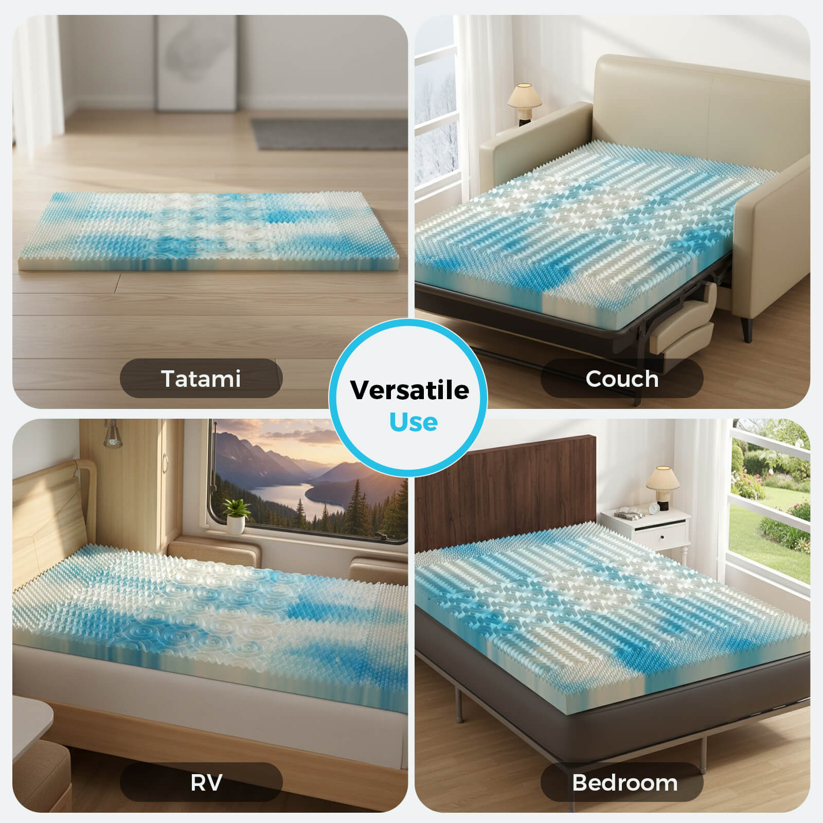 Gel Memory Foam Mattress Topper - 5-Zone Cooling Pad (Full Size)