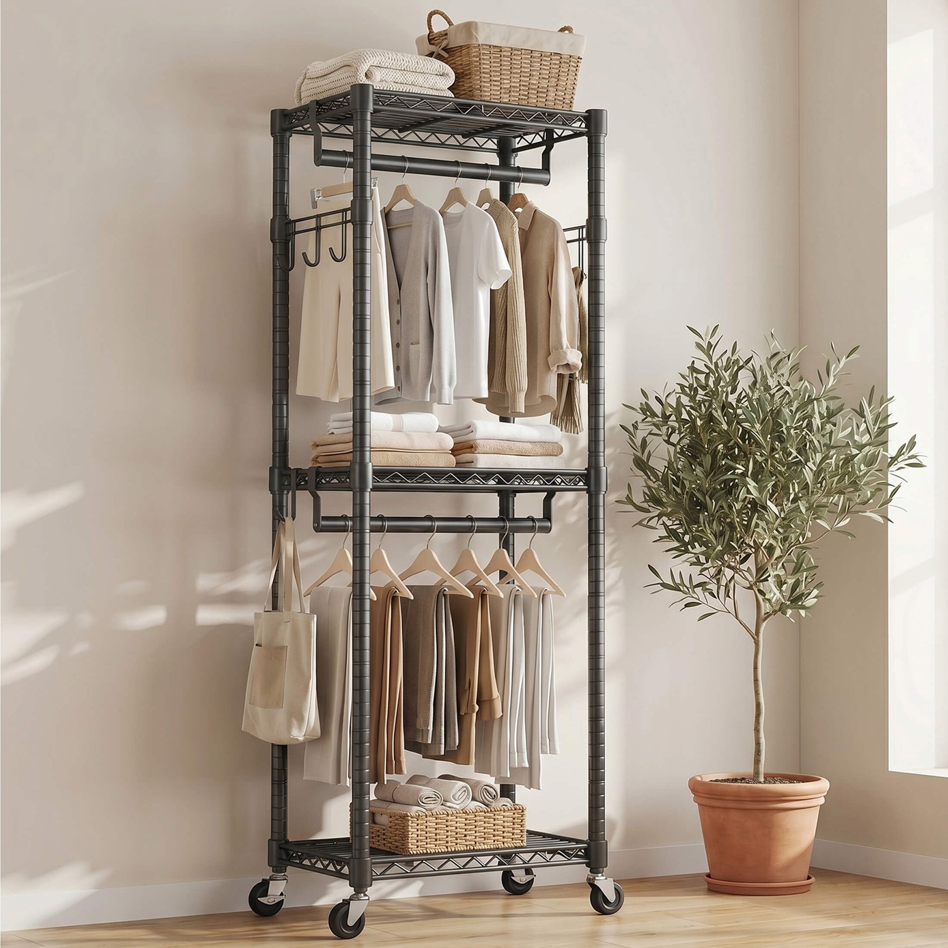 Adjustable metal coat rack with shelves and hooks