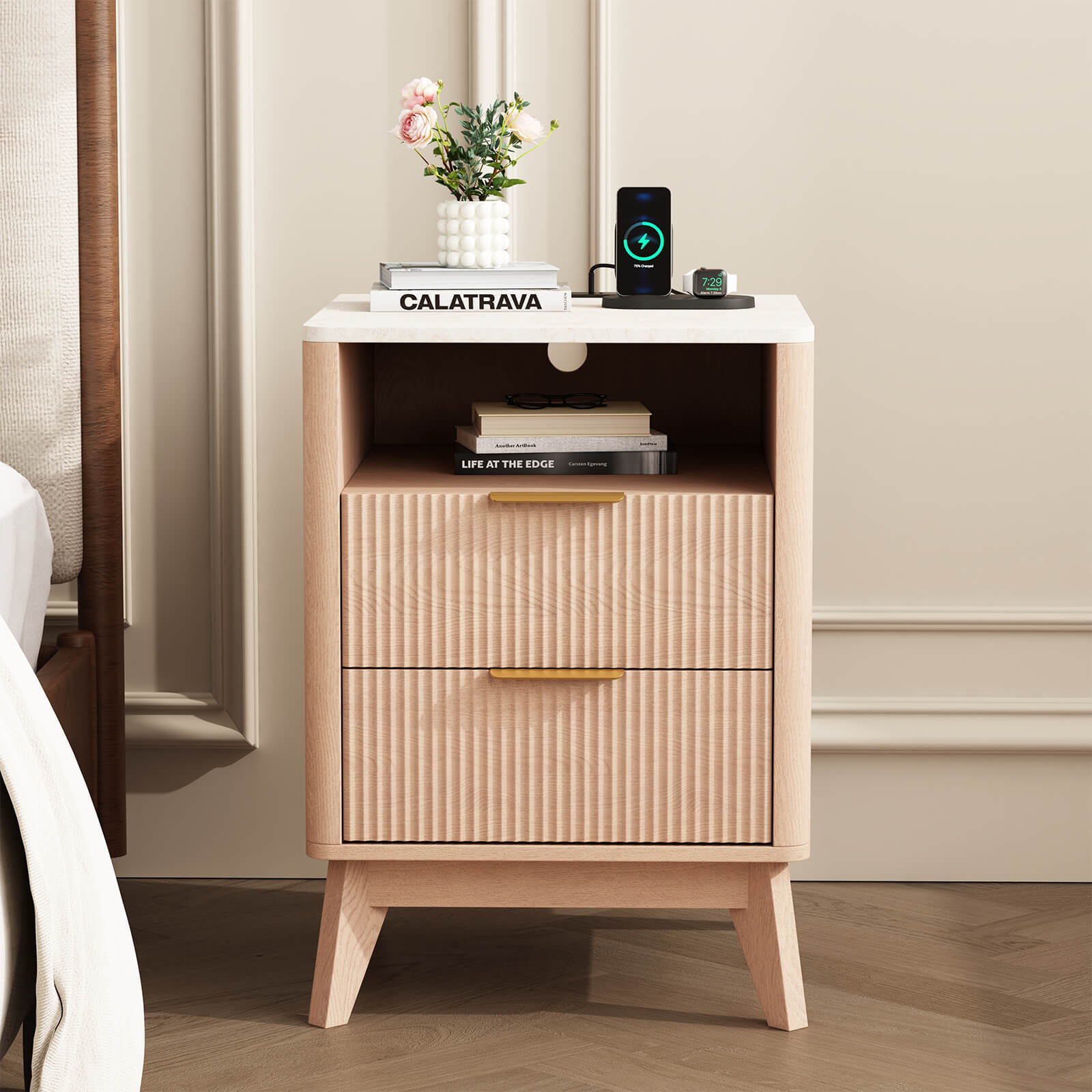 Wooden Nightstand with AC Outlets – Mid-Century Design