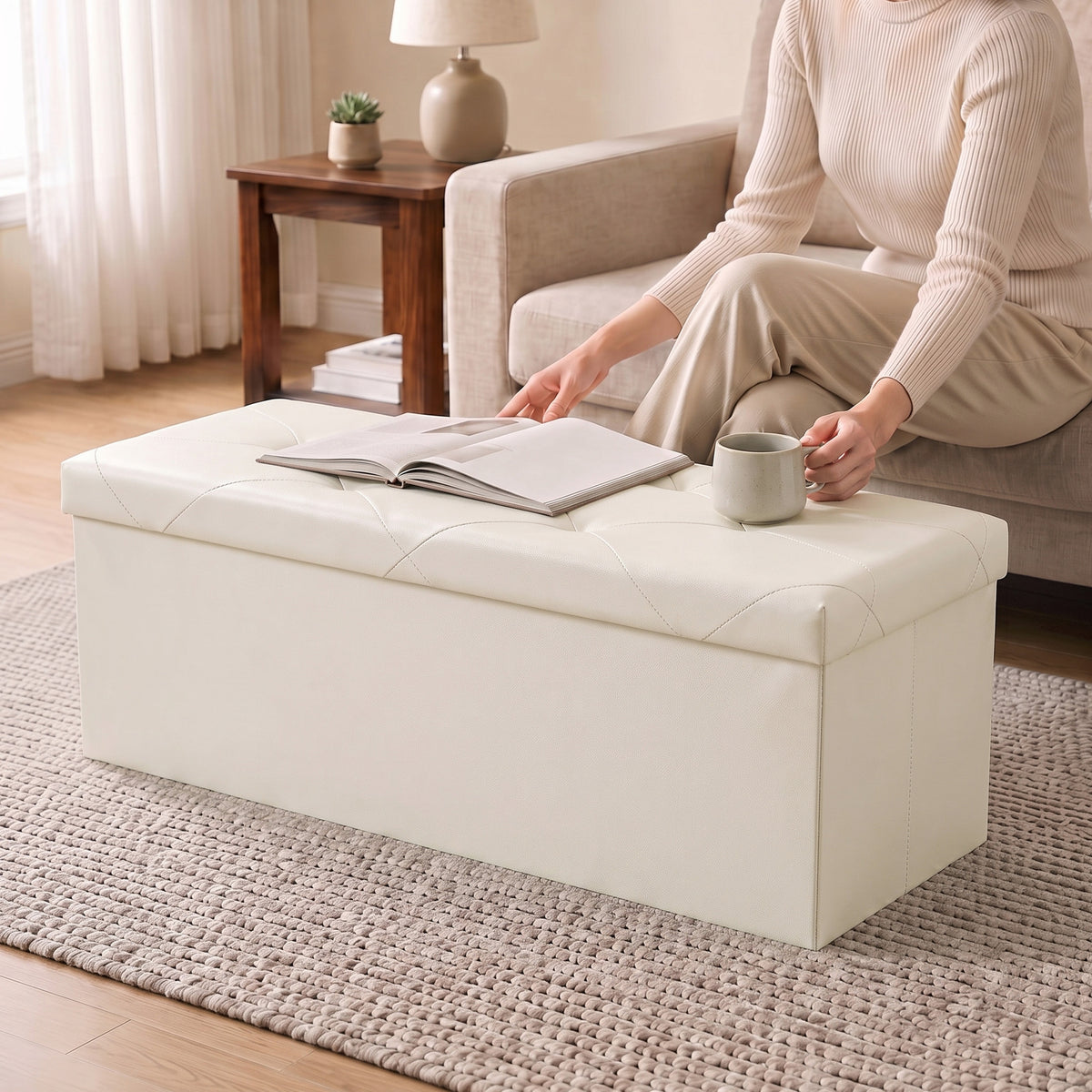 Storage Ottoman Bench, Foldable PVC Leather Chest &amp; Foot Stool with Padded Seat for Bedroom, Supports 660 lbs