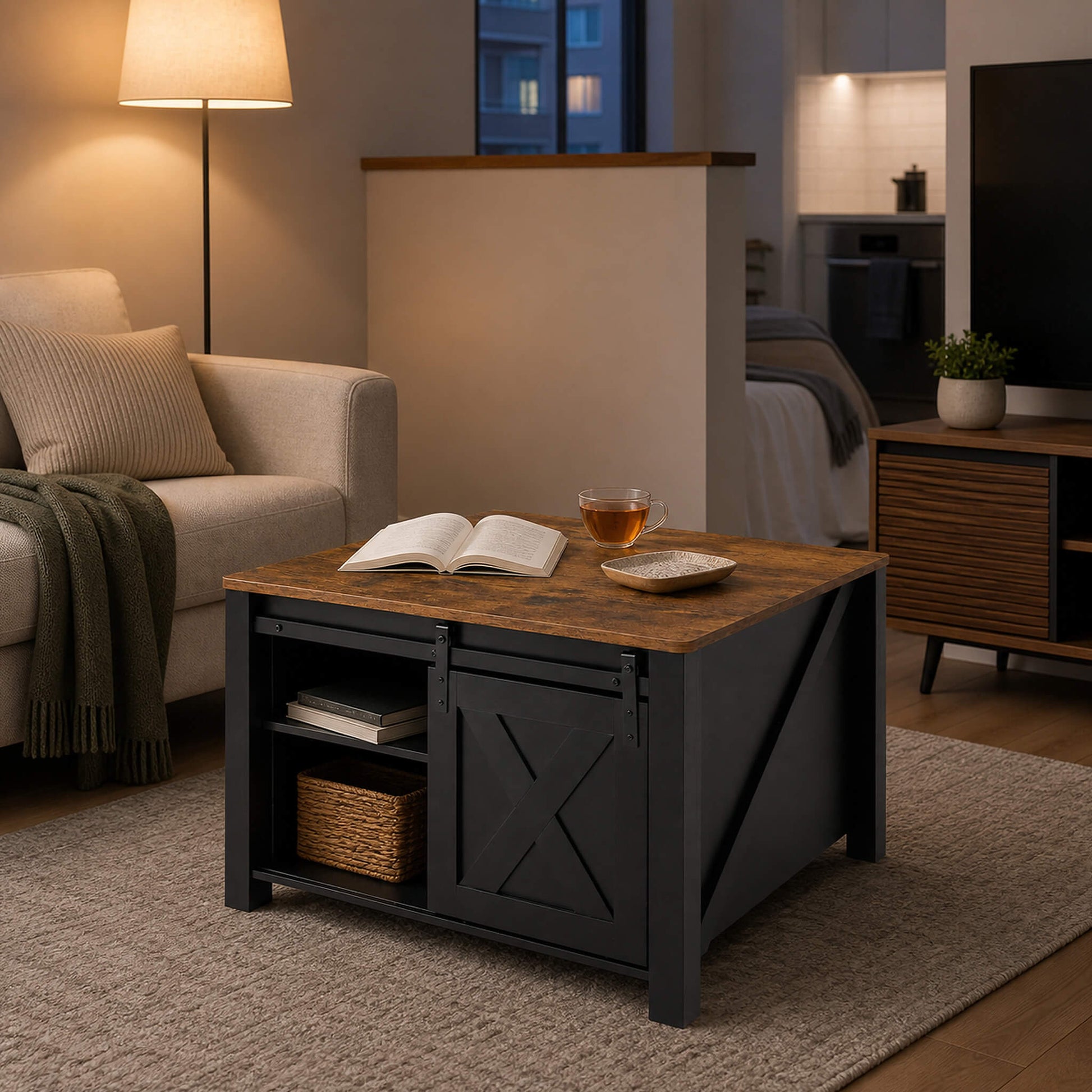 Square Coffee Table with Lift-Top Storage and Sliding Barn Doors