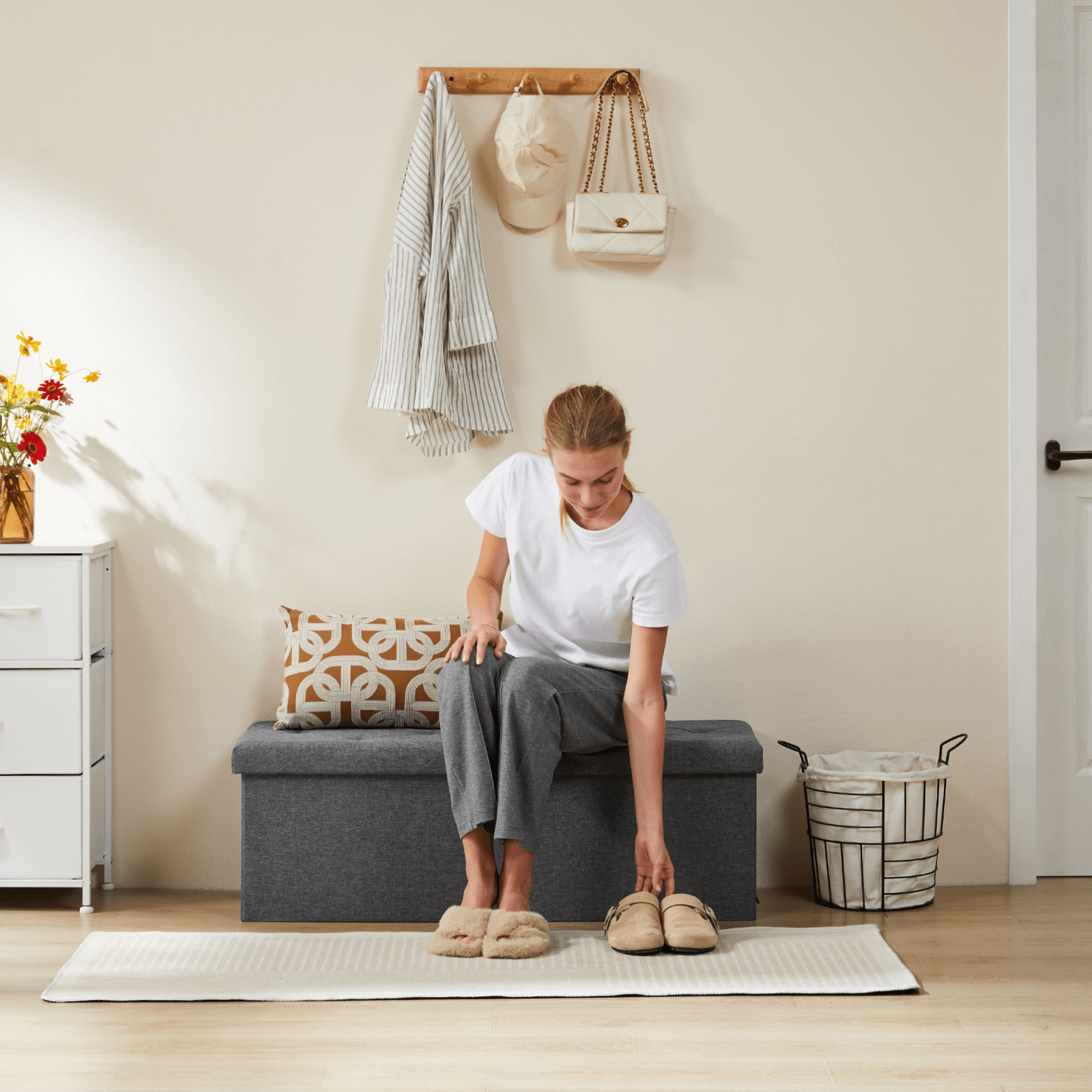 Bed Footstool with Storage for Bedroom and Entry Door