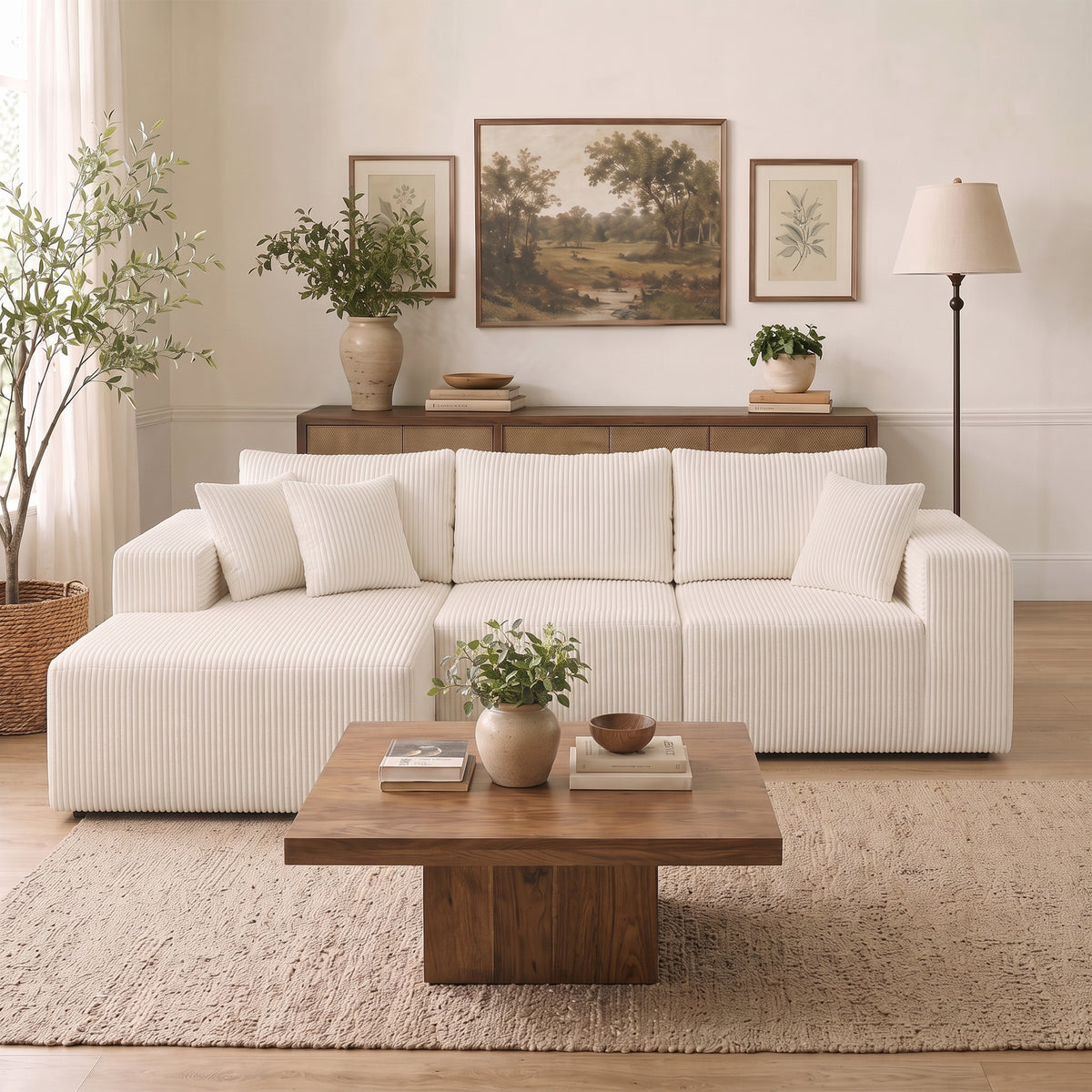 108" Modular Sectional Sofa with Chaise, Cloud Plush Corduroy Couch - Beige