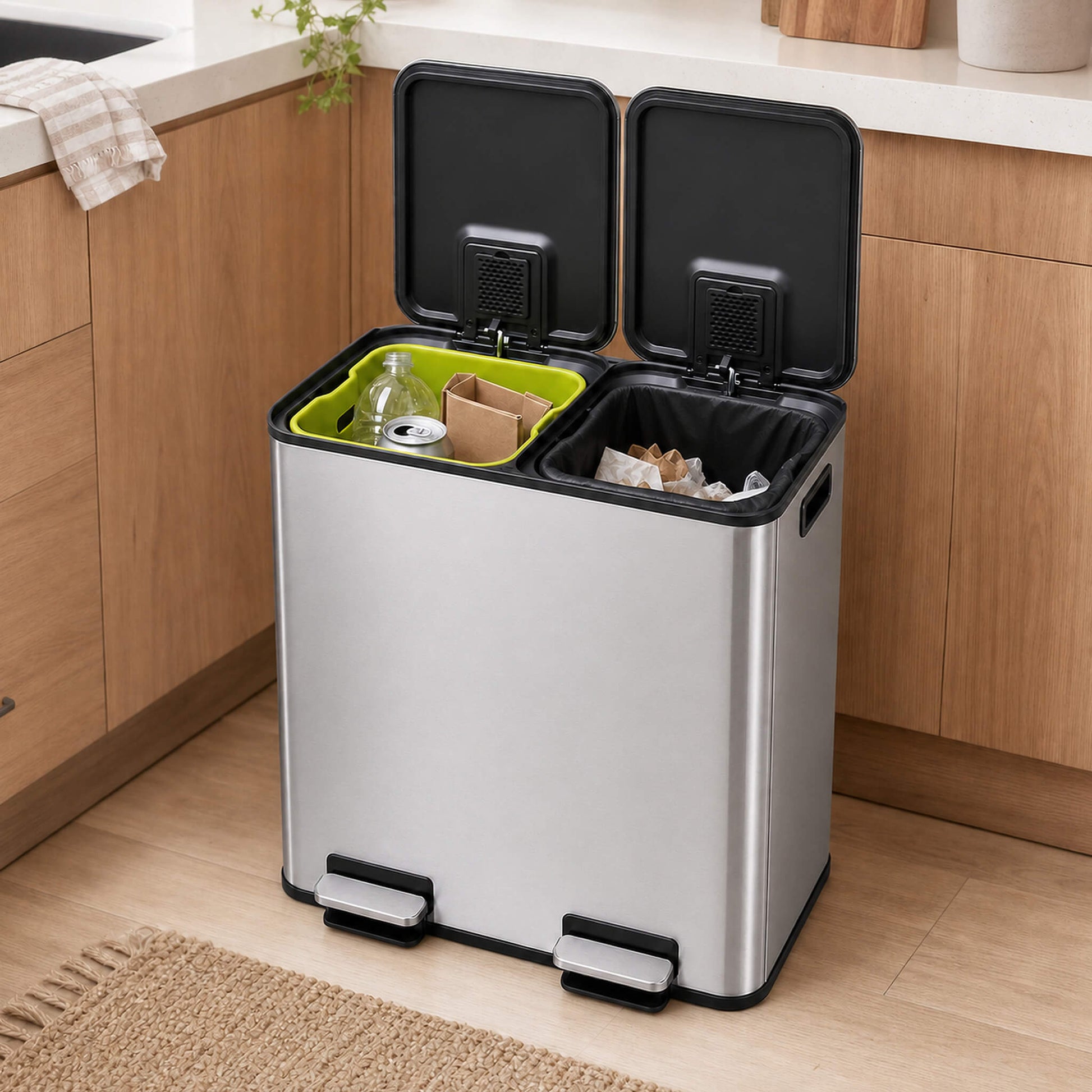 Double-Bin Stainless Steel Trash Can with Lid
