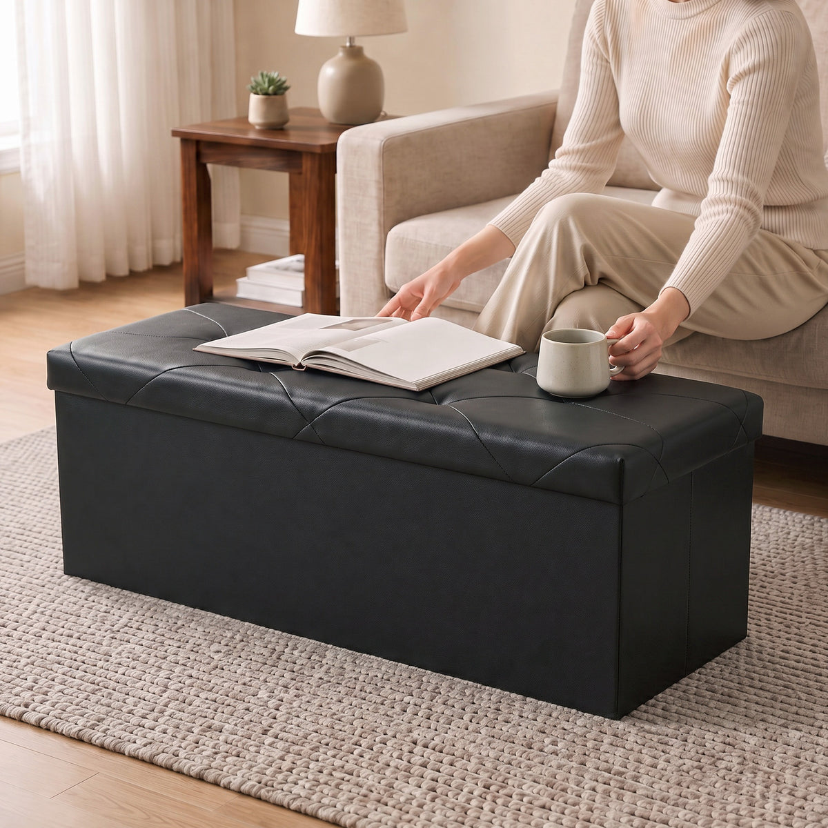 Storage Ottoman Bench, Foldable PVC Leather Chest &amp; Foot Stool with Padded Seat for Bedroom, Supports 660 lbs