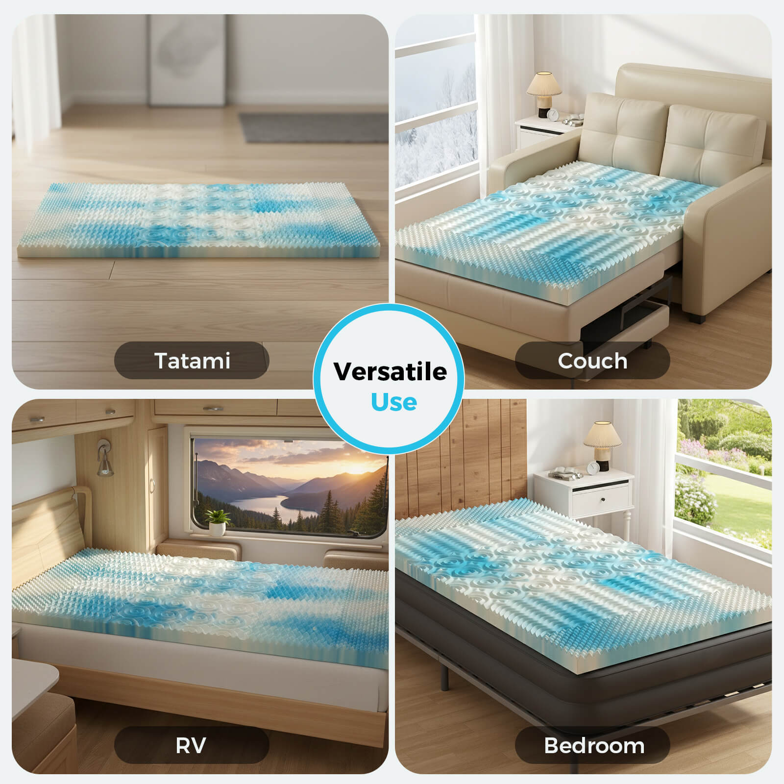 Gel Memory Foam Mattress Topper - 5-Zone Cooling Pad (Full Size)
