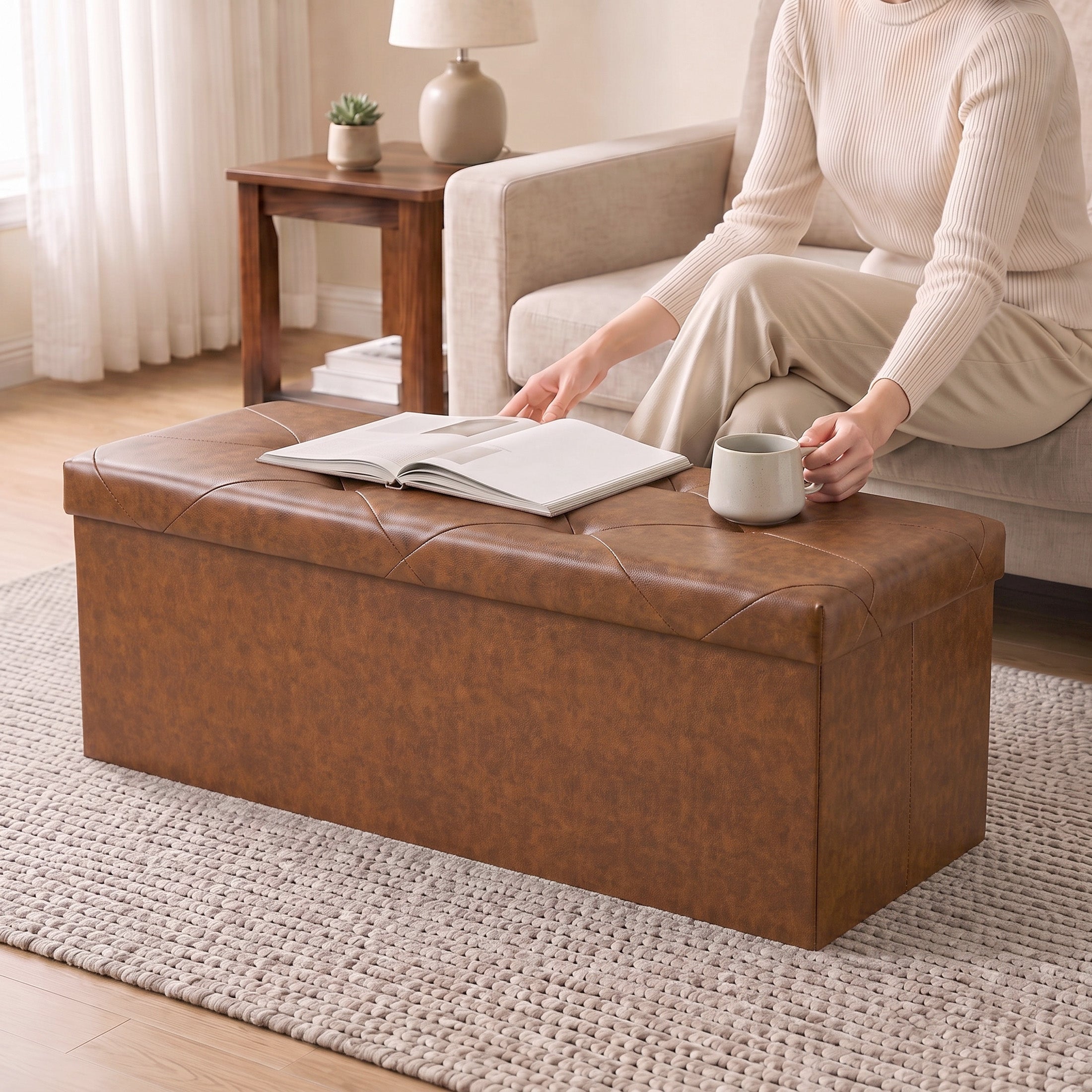 Storage Ottoman Bench, Foldable PVC Leather Chest &amp; Foot Stool with Padded Seat for Bedroom, Supports 660 lbs