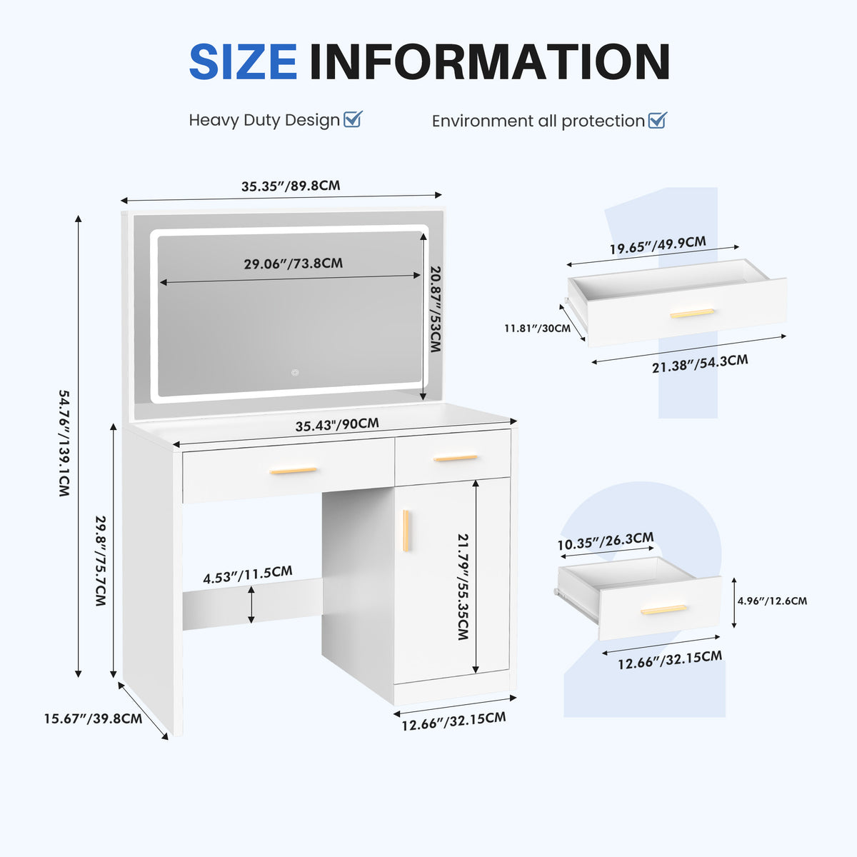 White Makeup Vanity Desk with Lighted LED Mirror, Charging Station & 2 Drawers