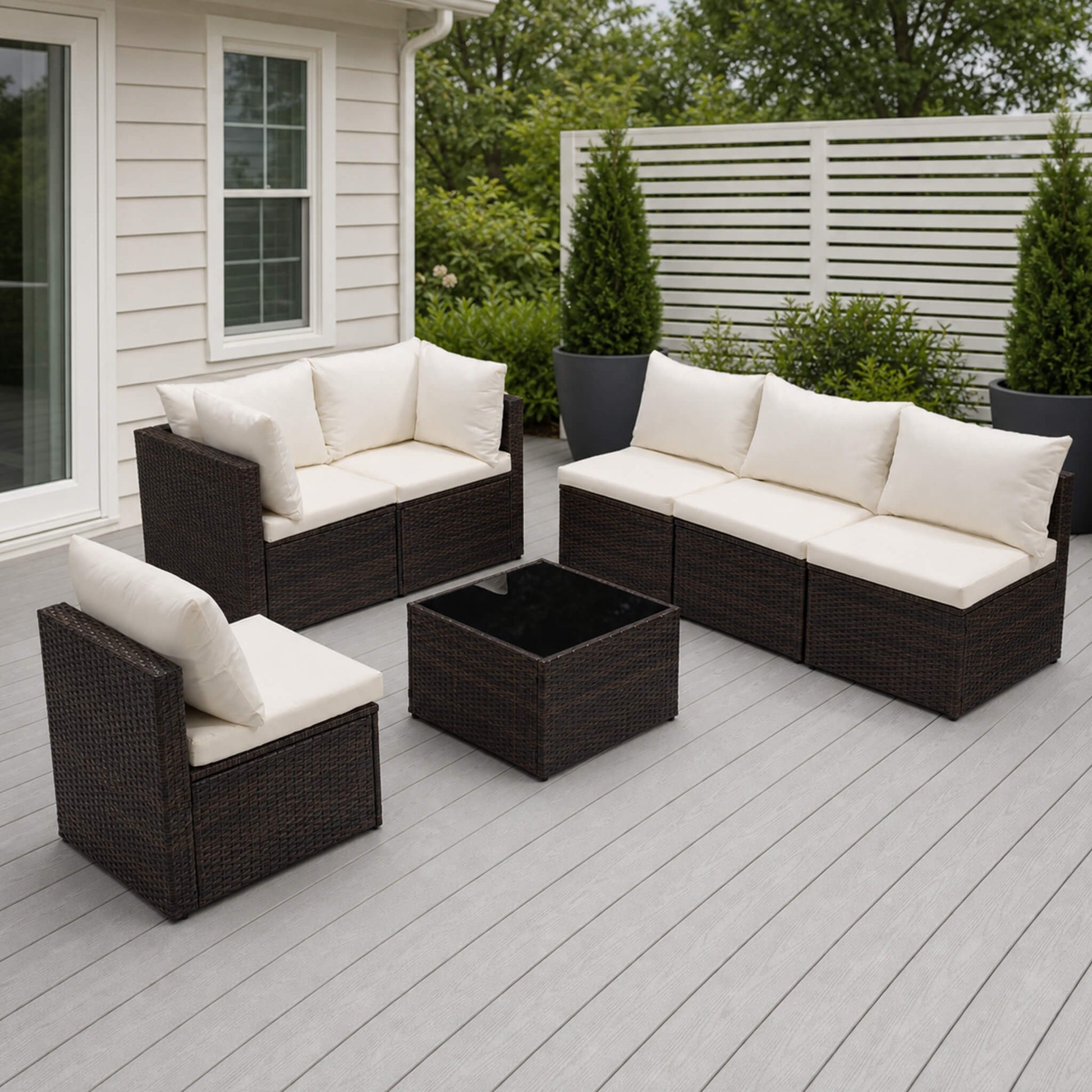 Outdoor Wicker Sectional Sofa Set-6 Sectionals & Glass Table