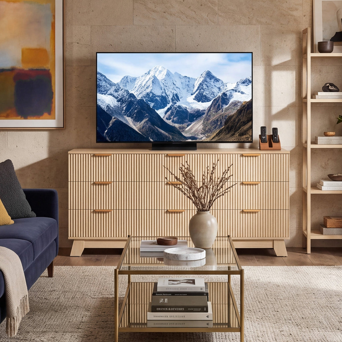 Modern Fluted 9-Drawer Dresser, Wide Wood Chest with Metal Handles, Natural Oak