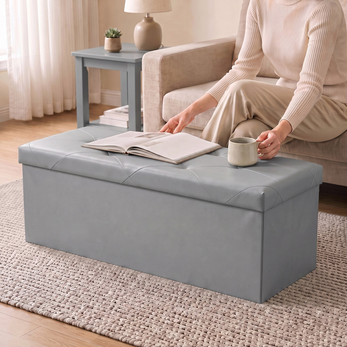 Storage Ottoman Bench, Foldable PVC Leather Chest &amp; Foot Stool with Padded Seat for Bedroom, Supports 660 lbs