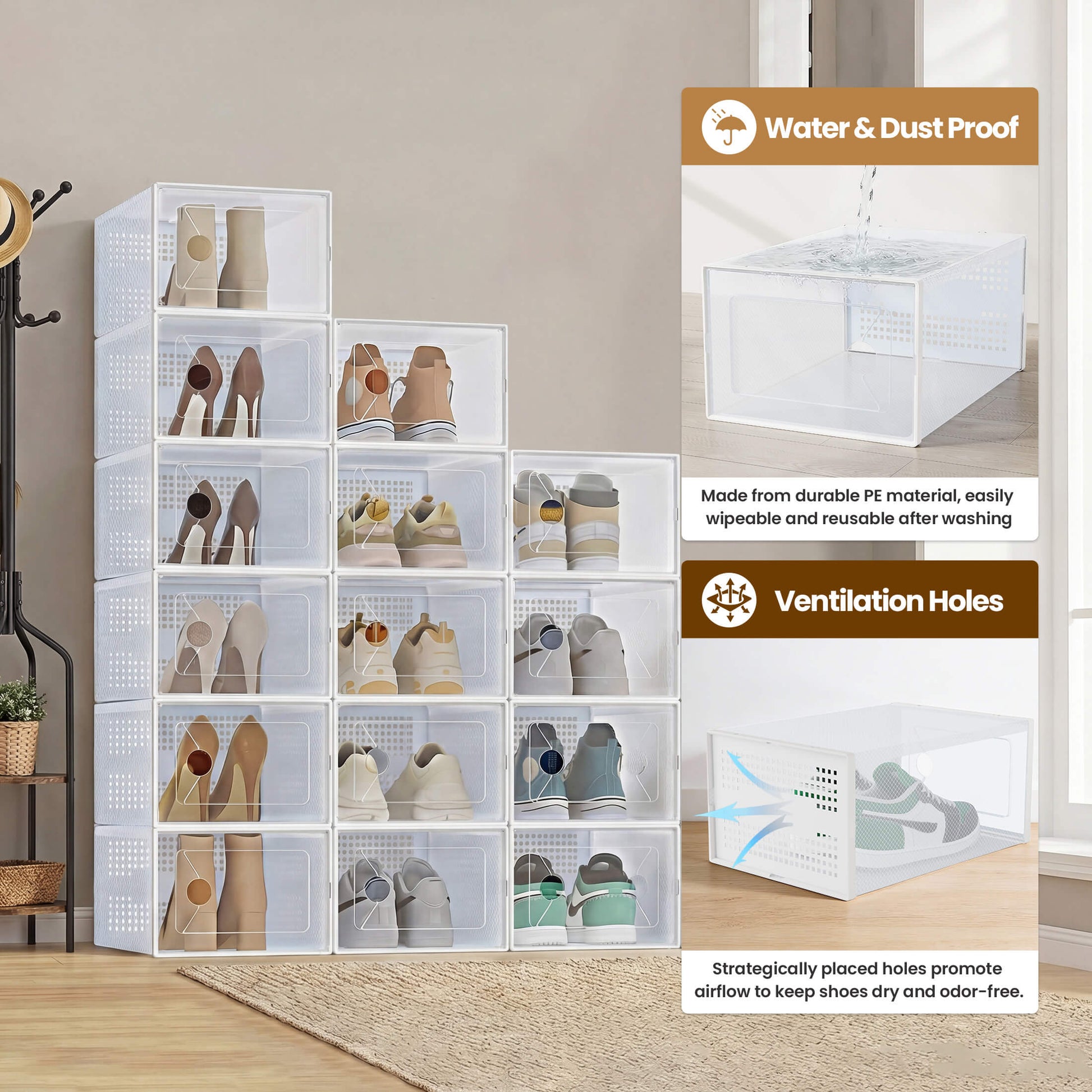 Stackable Shoe Storage Boxes - Clear Sneaker Display Case with Lids, Black Shoe Organizer for Closet & Entryway