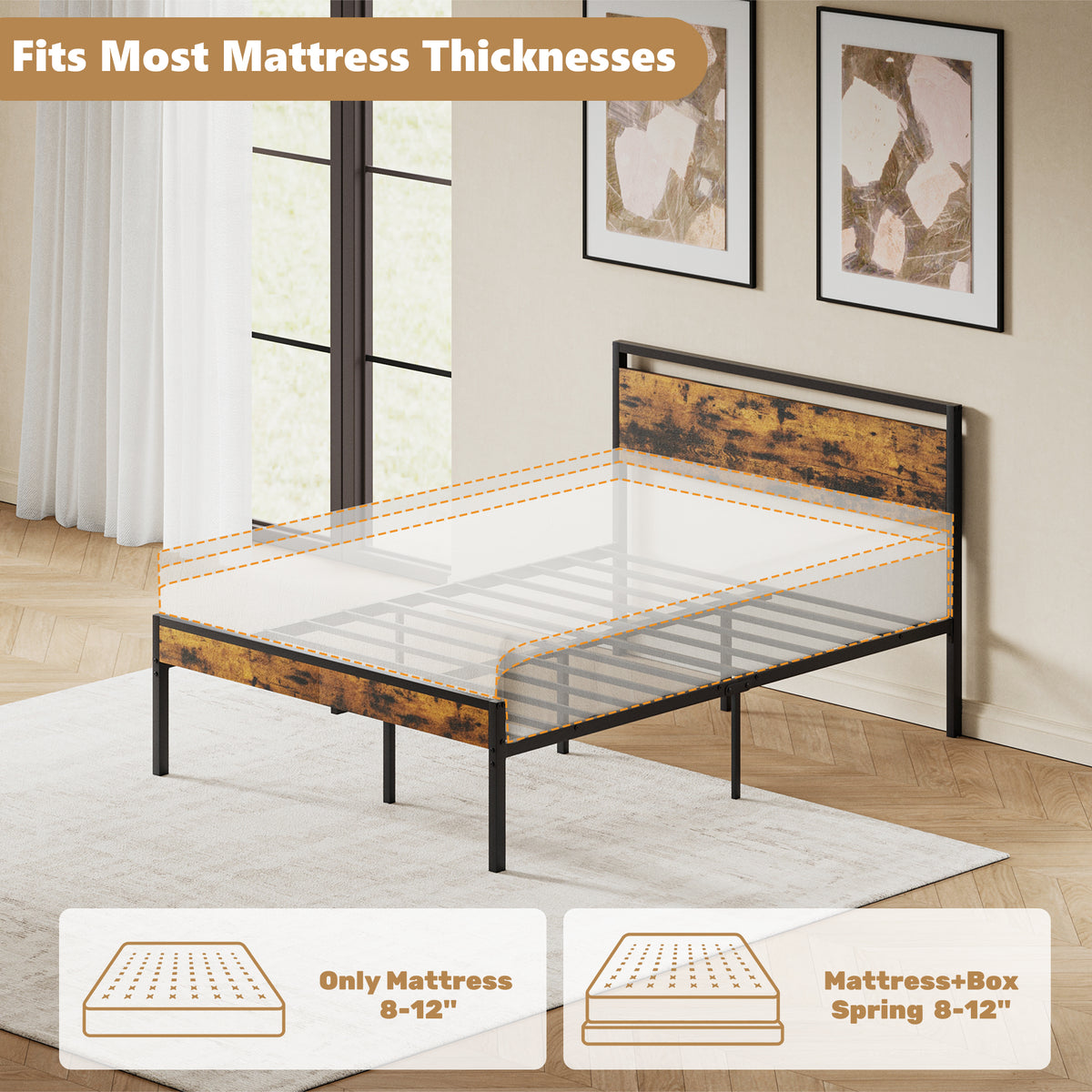 Metal Platform Bed Frame with Wooden Headboard & Footboard, No Box Spring Needed