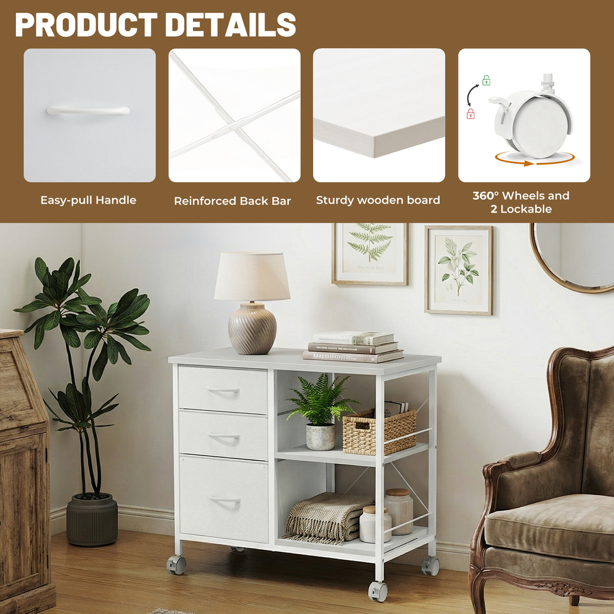 3-Drawer Fabric Rolling File Cabinet with Open Storage Shelf
