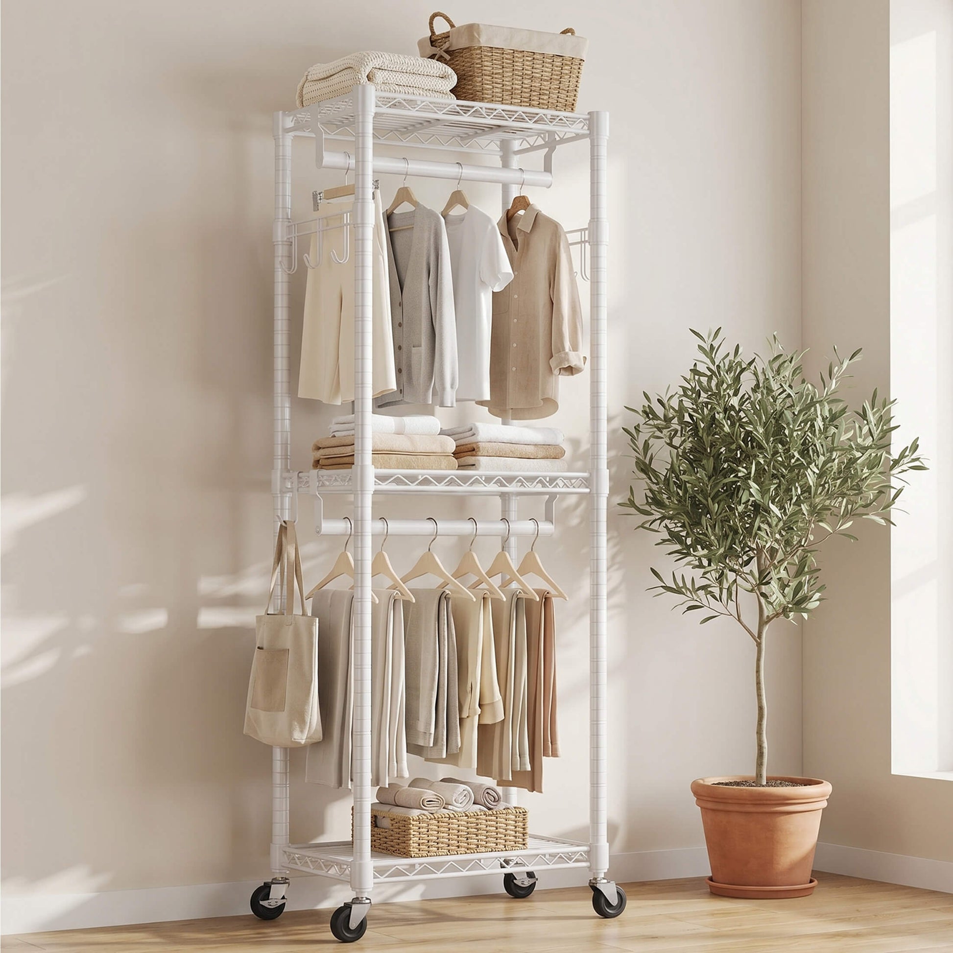 Adjustable metal coat rack with shelves and hooks