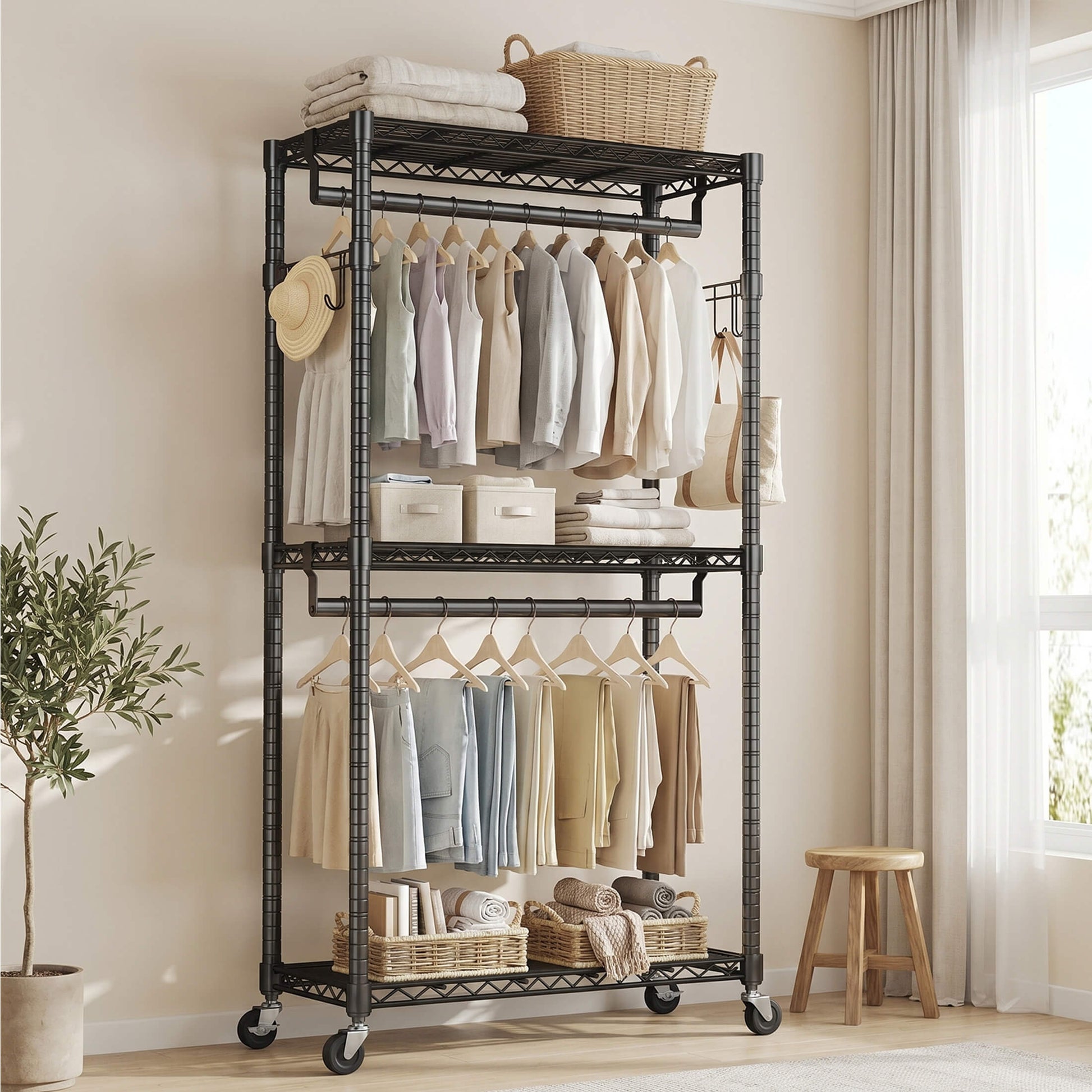 Adjustable metal coat rack with shelves and hooks