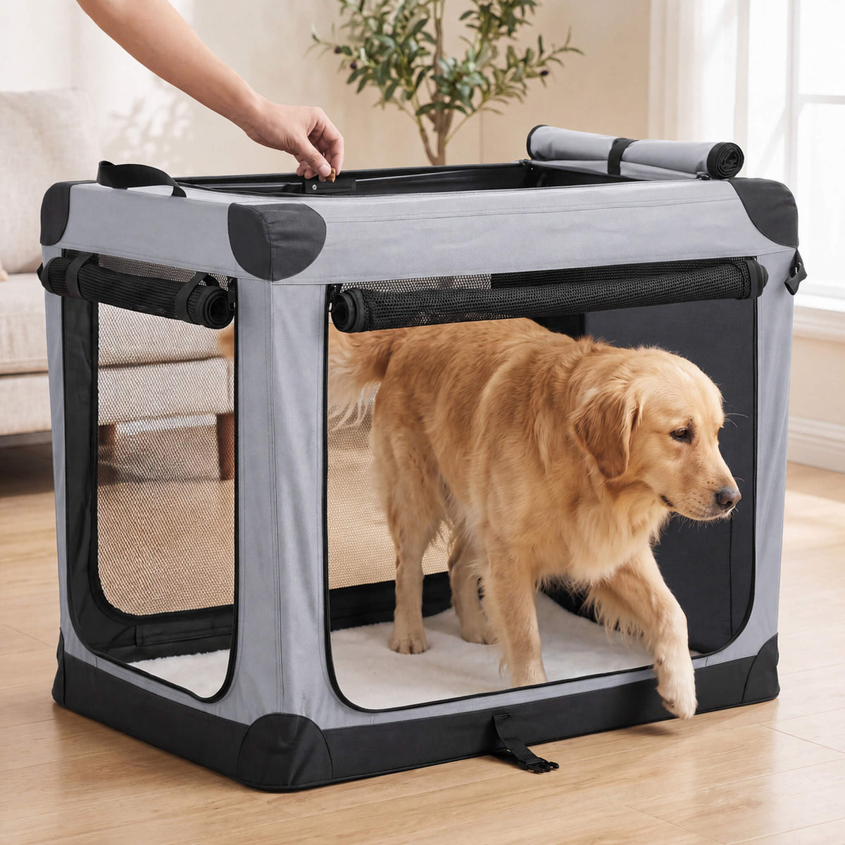 Foldable soft-sided dog crate made of 600D Oxford fabric,
