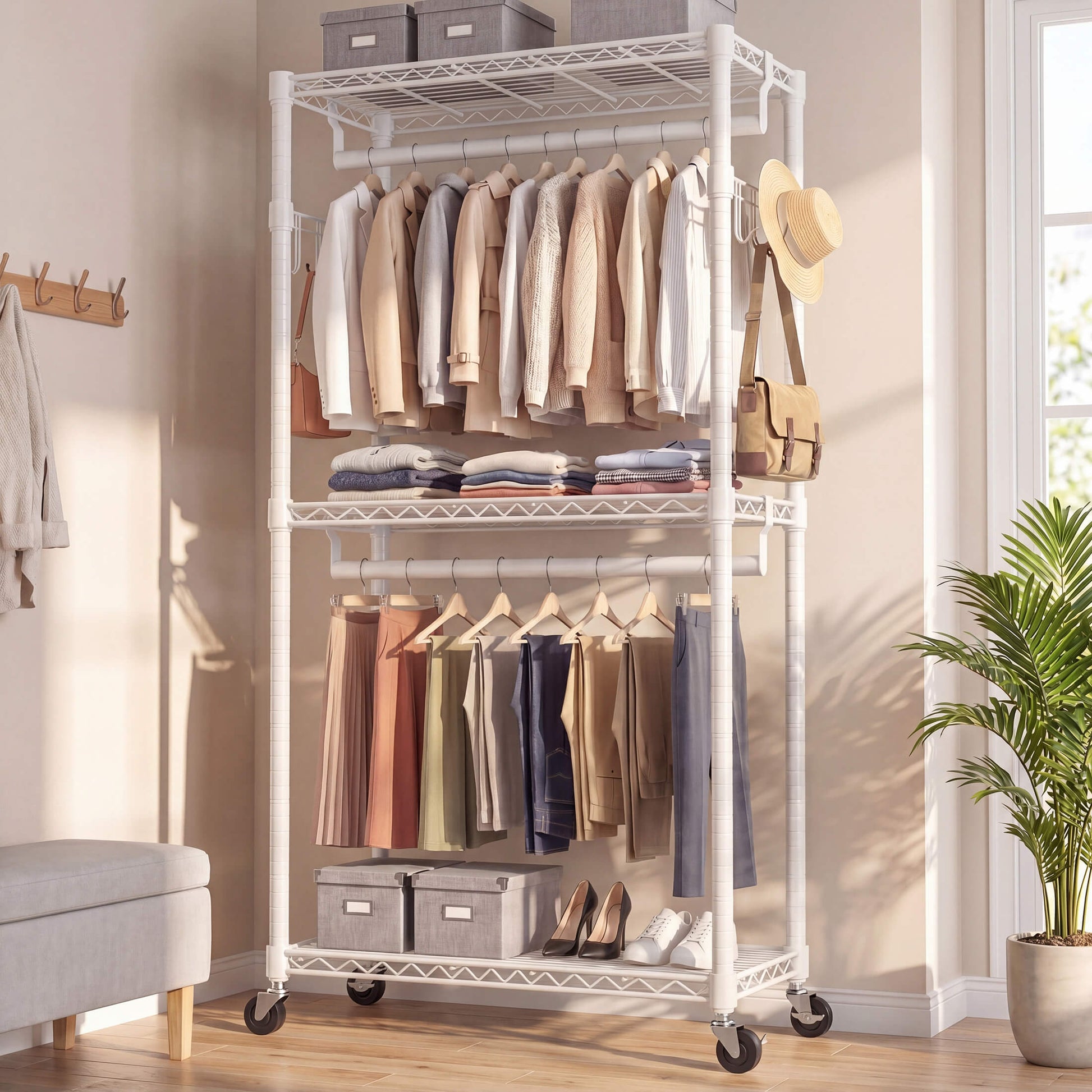 Adjustable metal coat rack with shelves and hooks