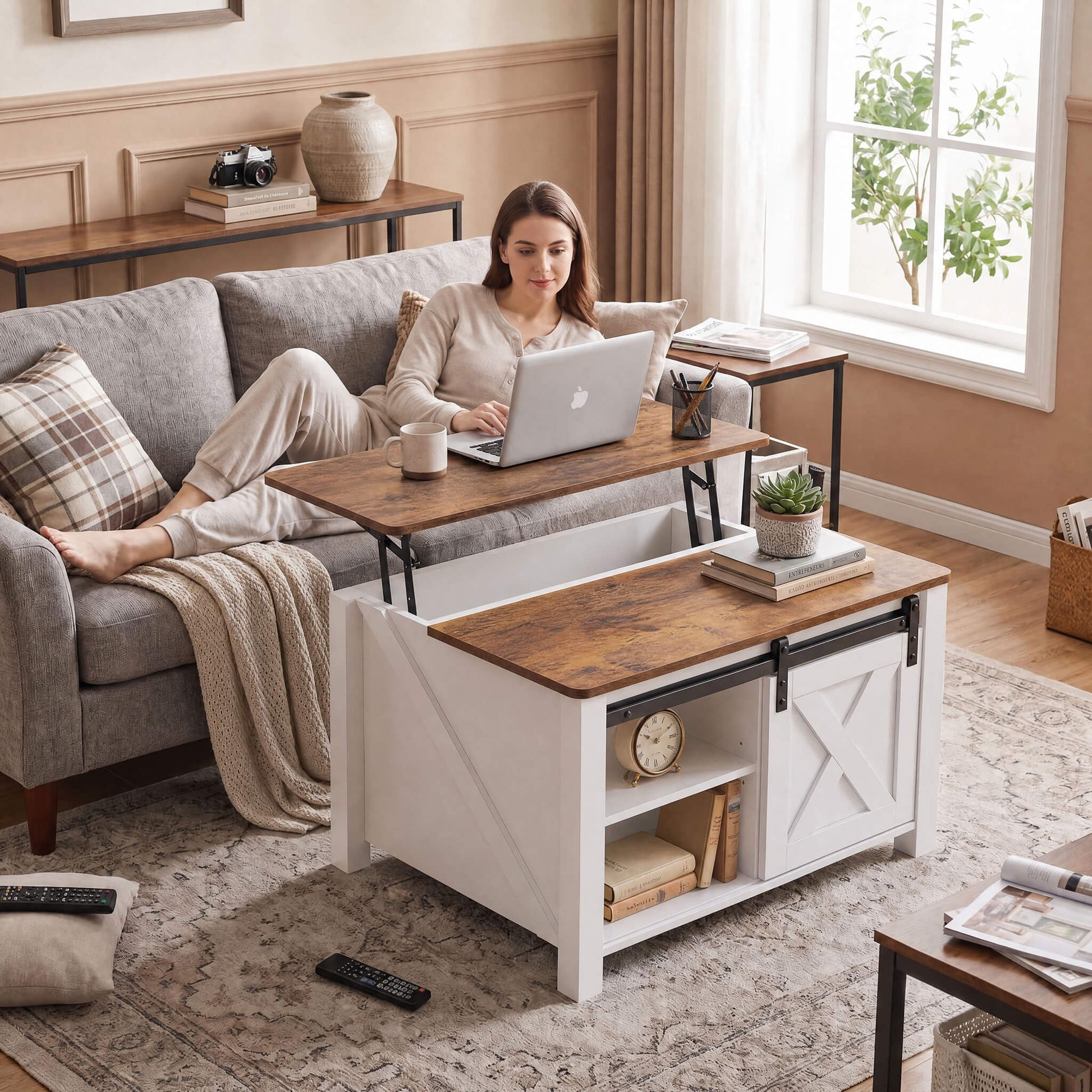 Square Coffee Table with Lift-Top Storage and Sliding Barn Doors