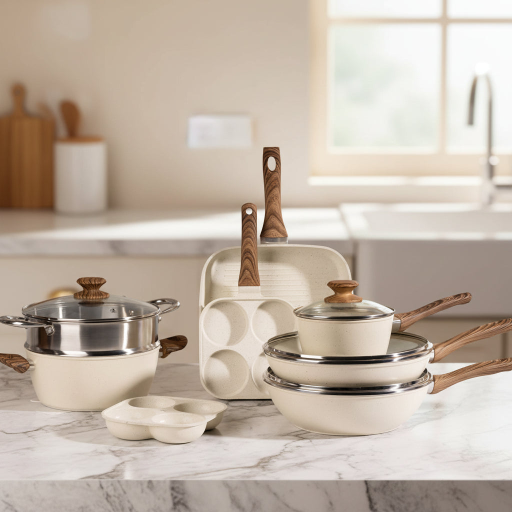 17-Piece Non-Stick Cookware Set with Detachable Handles
