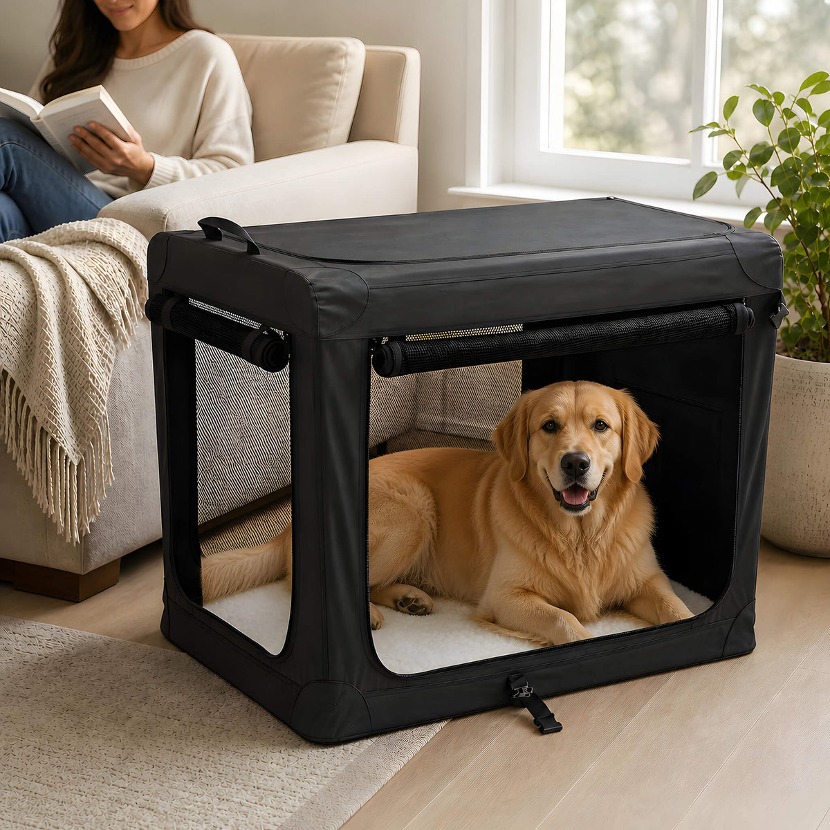 Foldable soft-sided dog crate made of 600D Oxford fabric,