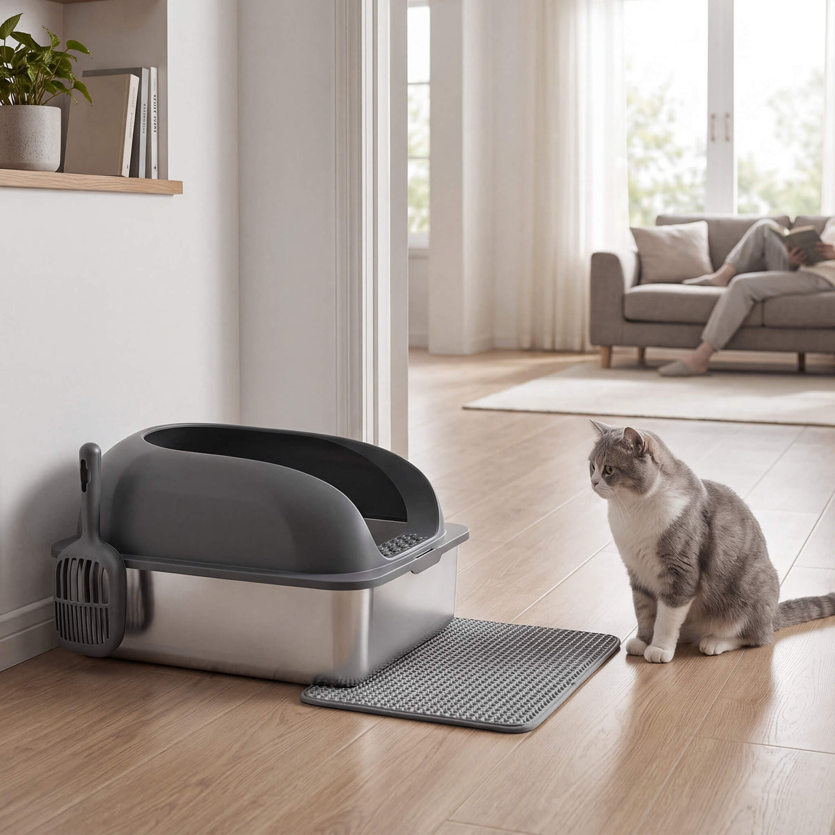Stainless Steel Cat Litter Box with Scoop & Double-Layer Mat