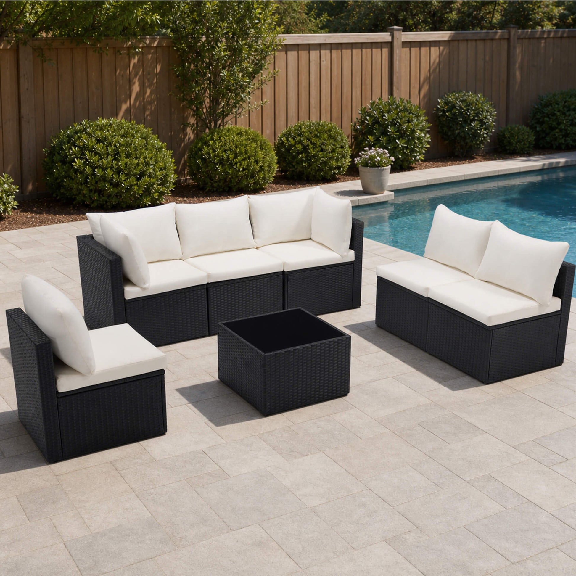 Outdoor Wicker Sectional Sofa Set-6 Sectionals & Glass Table