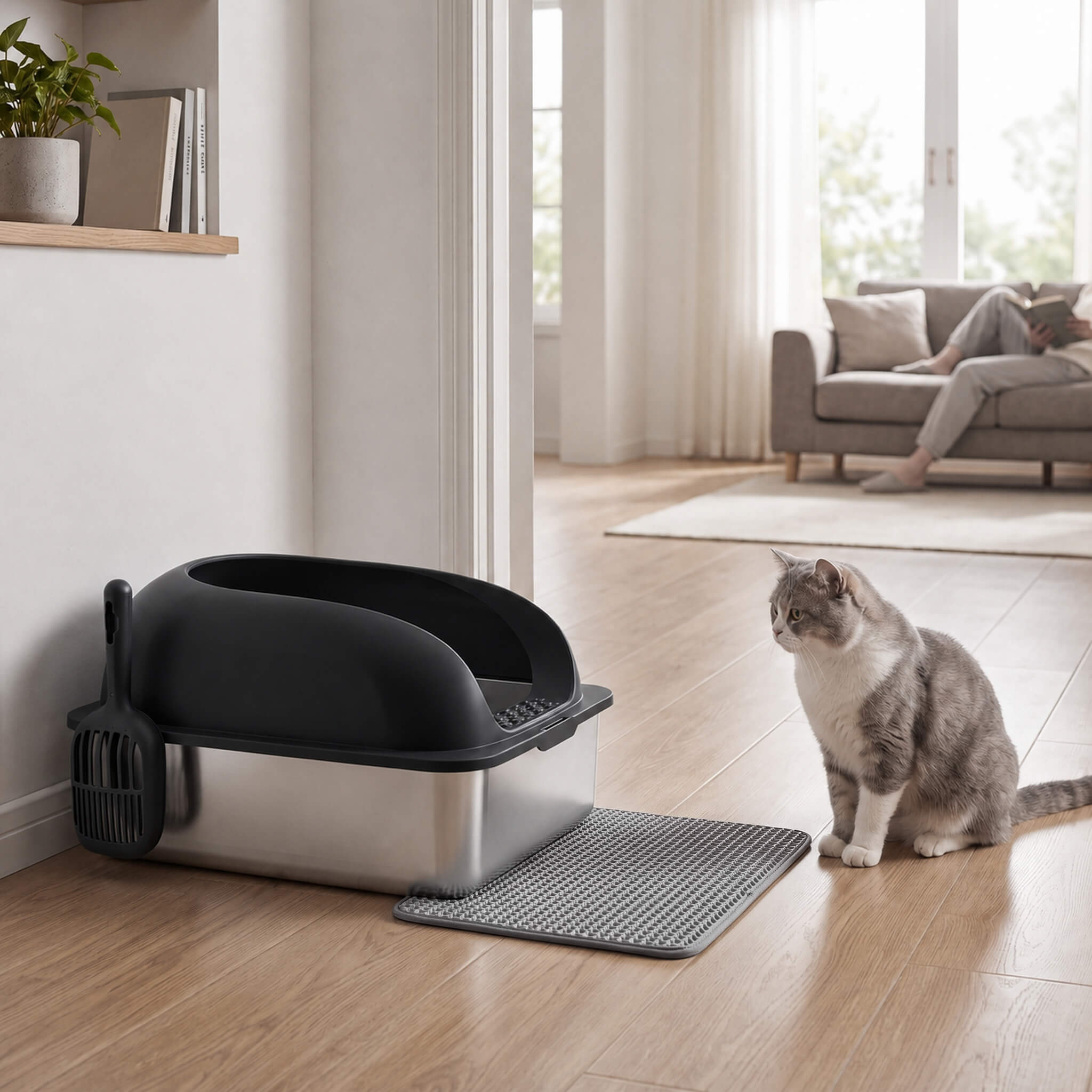 Stainless Steel Cat Litter Box with Scoop & Double-Layer Mat