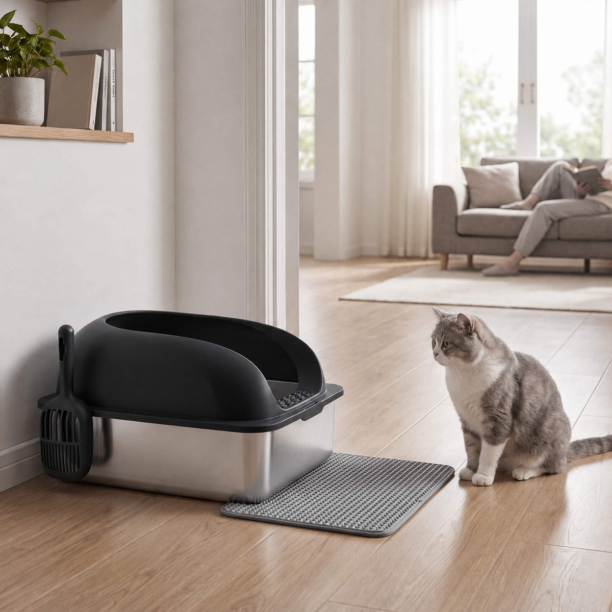 Stainless Steel Cat Litter Box with Scoop & Double-Layer Mat