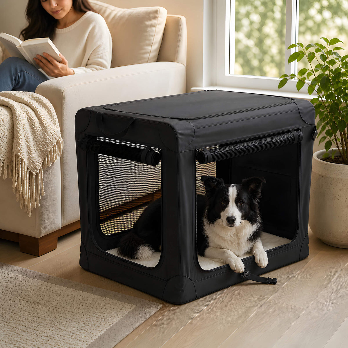 Foldable soft-sided dog crate made of 600D Oxford fabric,