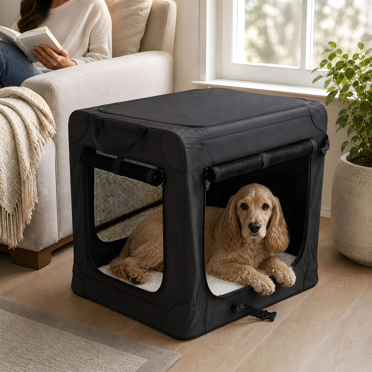 Foldable soft-sided dog crate made of 600D Oxford fabric,