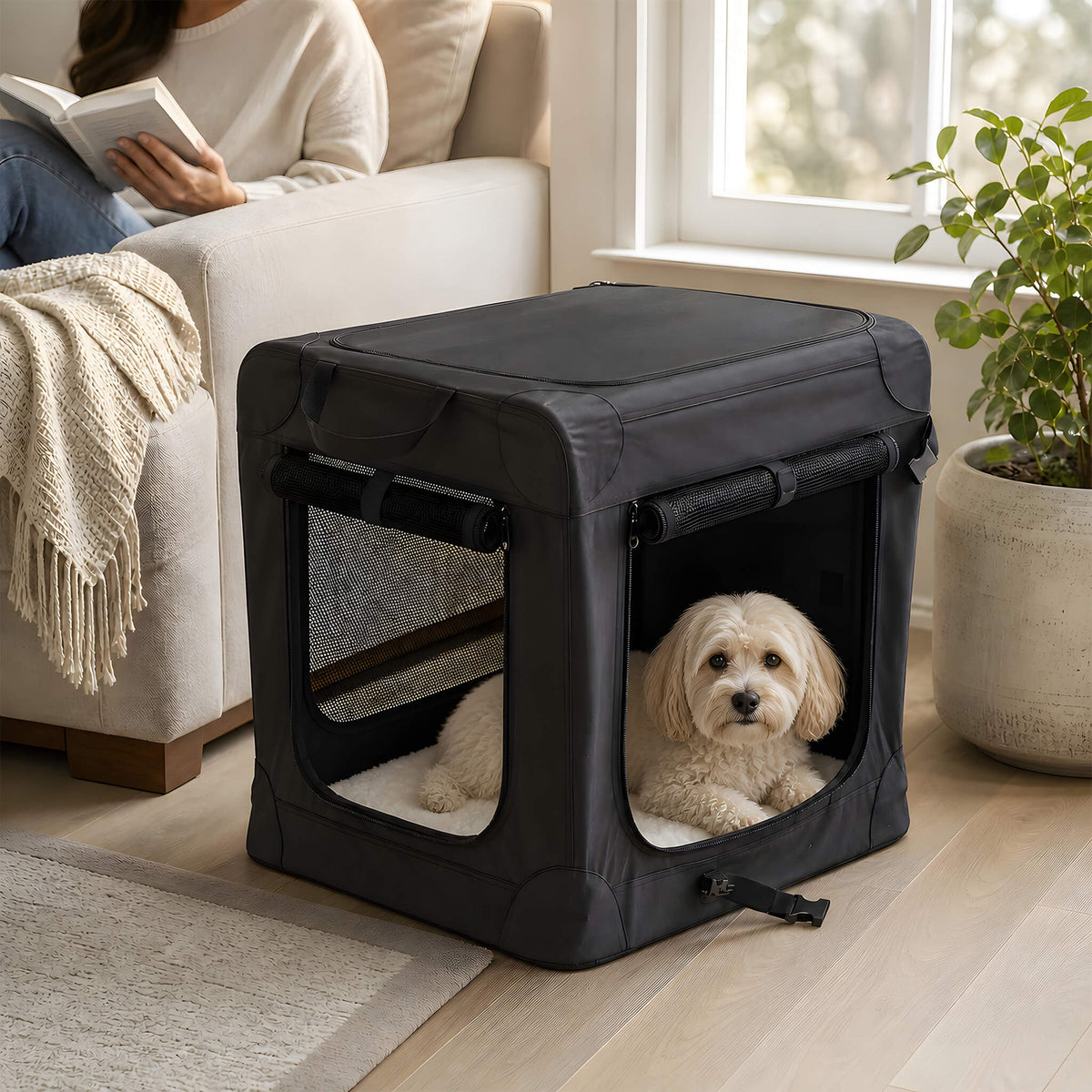 Foldable soft-sided dog crate made of 600D Oxford fabric,
