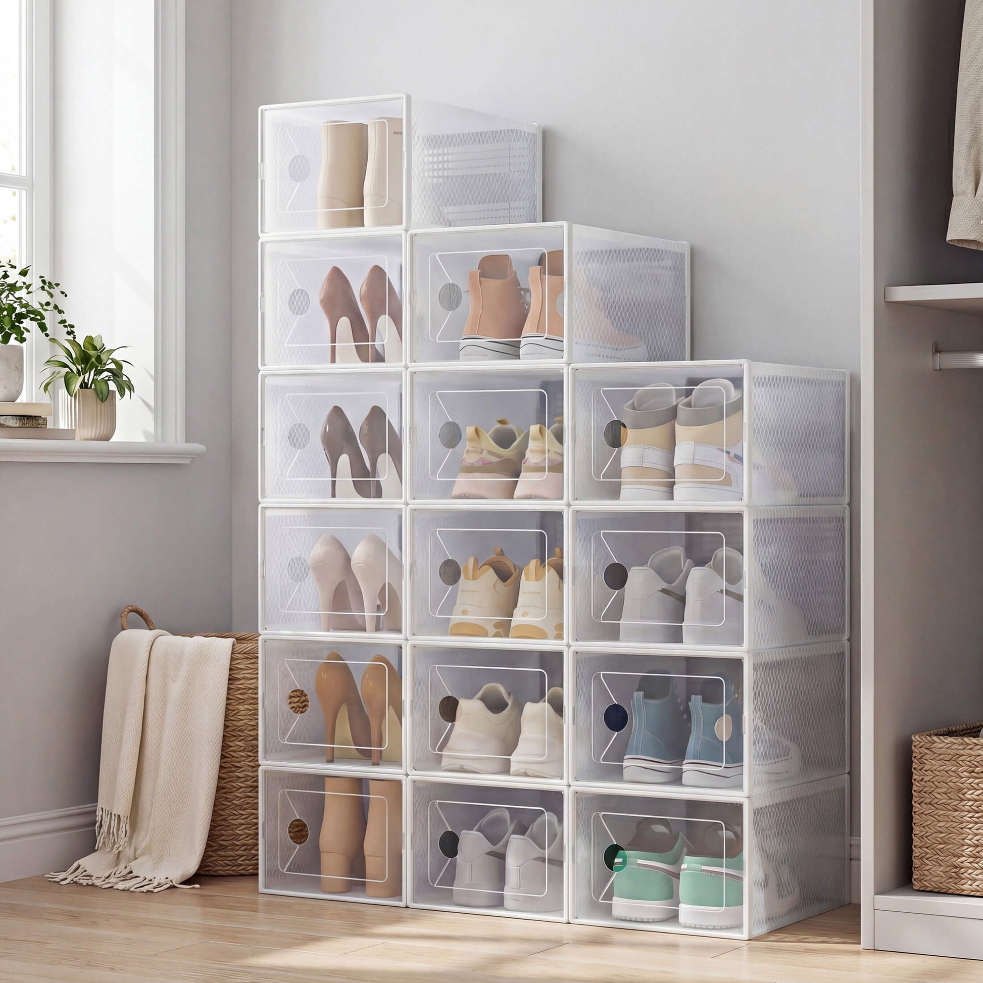 Stackable Shoe Storage Boxes - Clear Sneaker Display Case with Lids, Black Shoe Organizer for Closet & Entryway