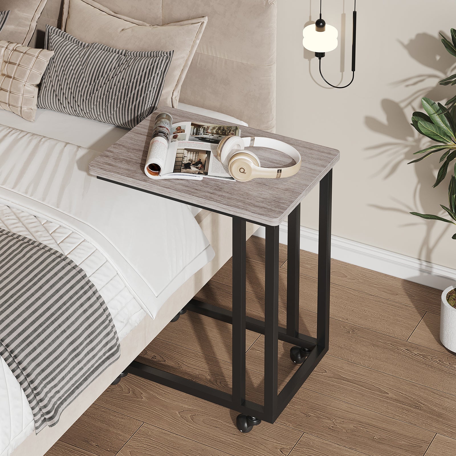 C-Shaped Side Table with Removable Casters for Small Spaces