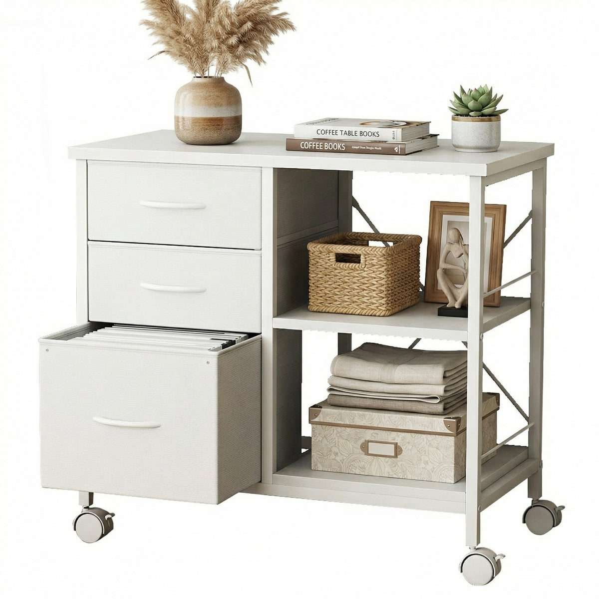 3-Drawer Fabric Rolling File Cabinet with Open Storage Shelf