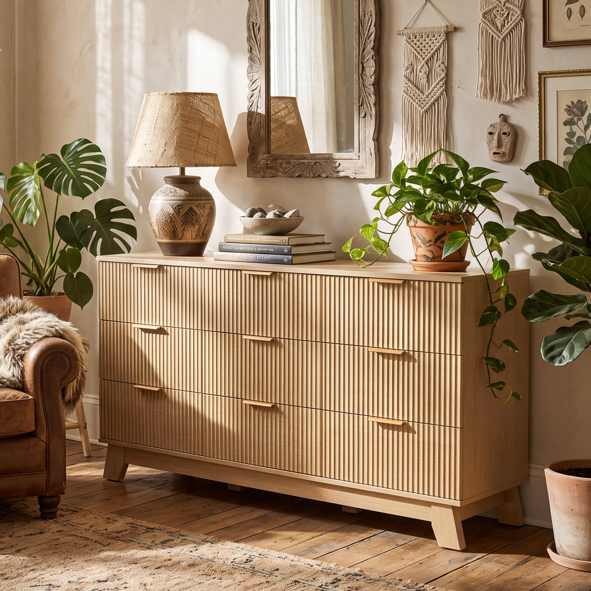 Modern Fluted 9-Drawer Dresser, Wide Wood Chest with Metal Handles, Natural Oak